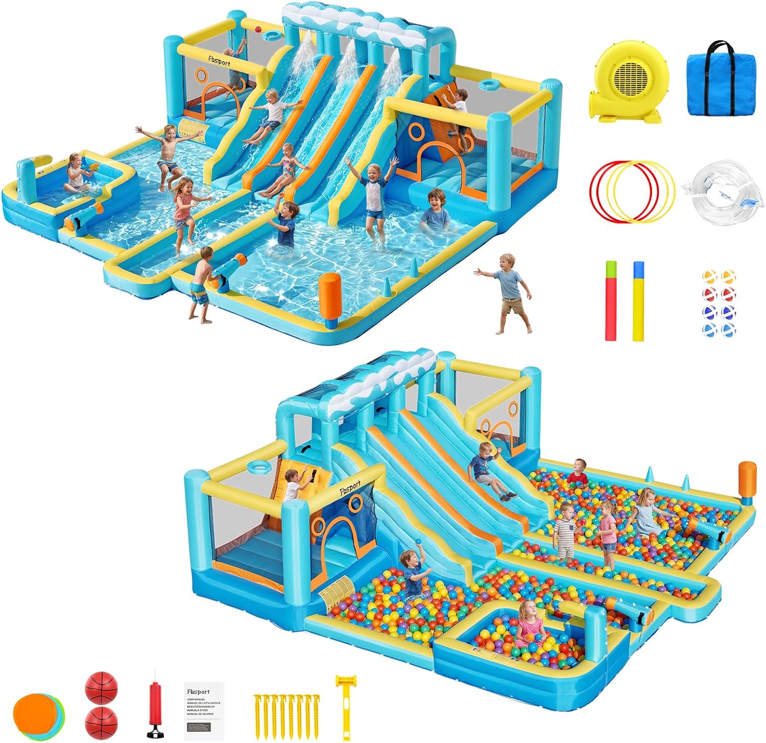 FBSPORT Inflatable Bounce House Water Slide, 3 Slides & 2 Bouncers 10-in-1 Water Slide Park Bounce House with 950W Blower, Bouncy Castle for Kids Backyard Party Outdoor, with Water Gun, Splash Pool