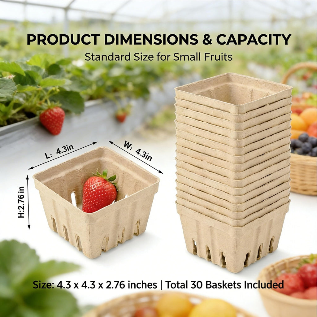 30 Pack Natural Pulp Fiber Berry Basket,Small Molded Produce Vented Basket Kitchen Supplies for Strawberry Blueberry Raspberry, Fruit Tray for Fruit Vegetable Farmer Market Grocery (Small)