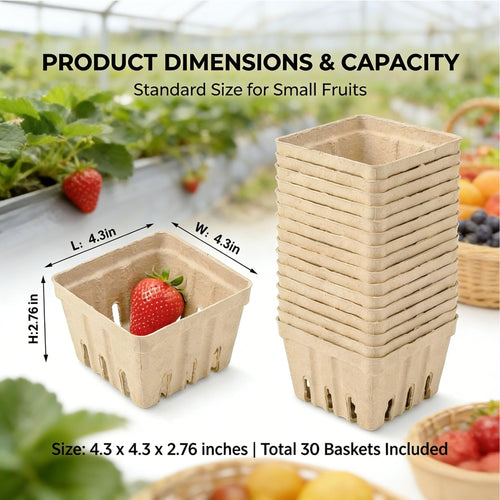 30 Pack Natural Pulp Fiber Berry Basket,Small Molded Produce Vented Basket Kitchen Supplies for Strawberry Blueberry Raspberry, Fruit Tray for Fruit Vegetable Farmer Market Grocery (Small)
