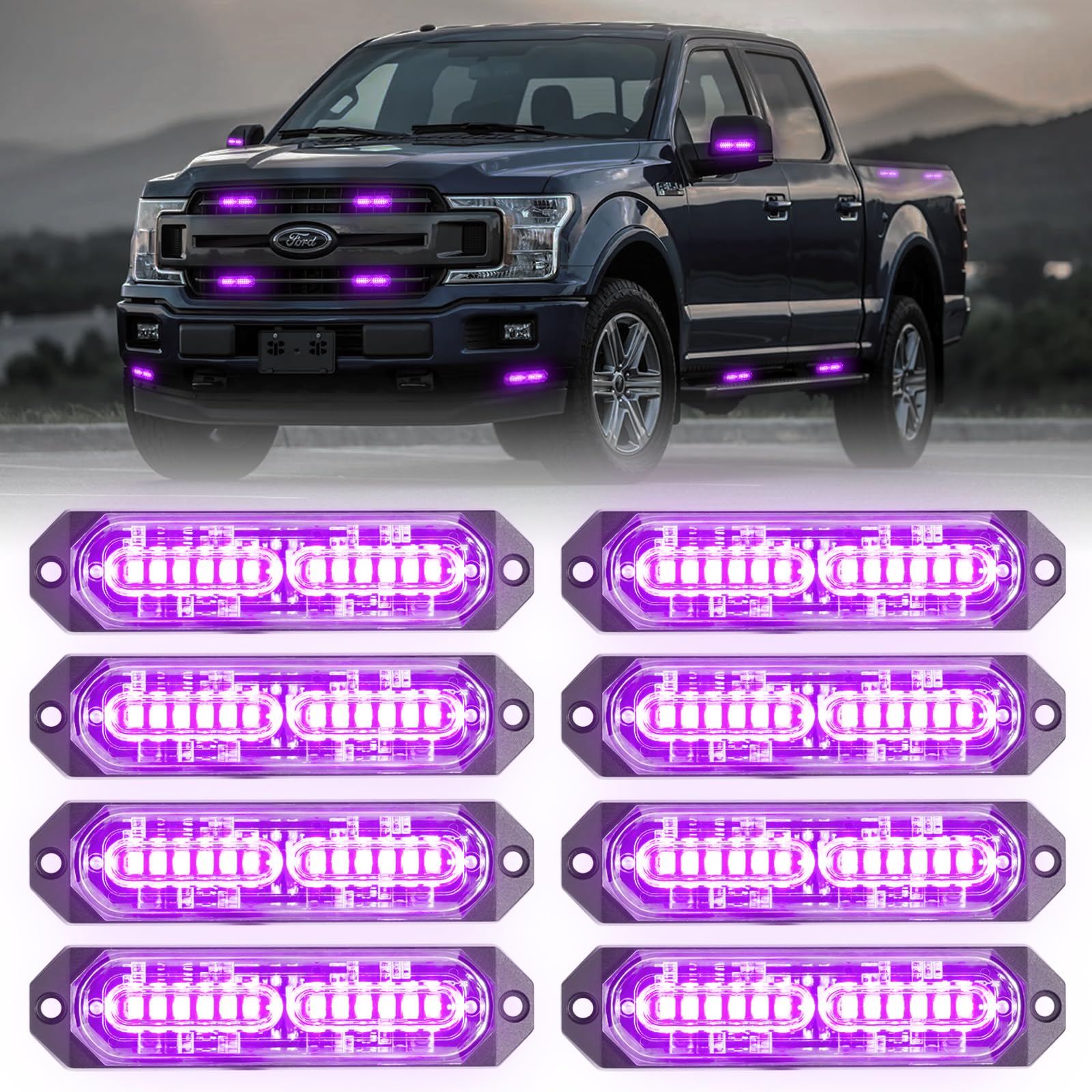 8-Pcs 12 LED Sync Feature Emergency Strobe Grille Lights Ultra Slim Surface Mount Hazard Warning Flashing Light Bar for Firefighter/Construction/Police/Trucks/Vehicles/Car/SUV (Amber/White)