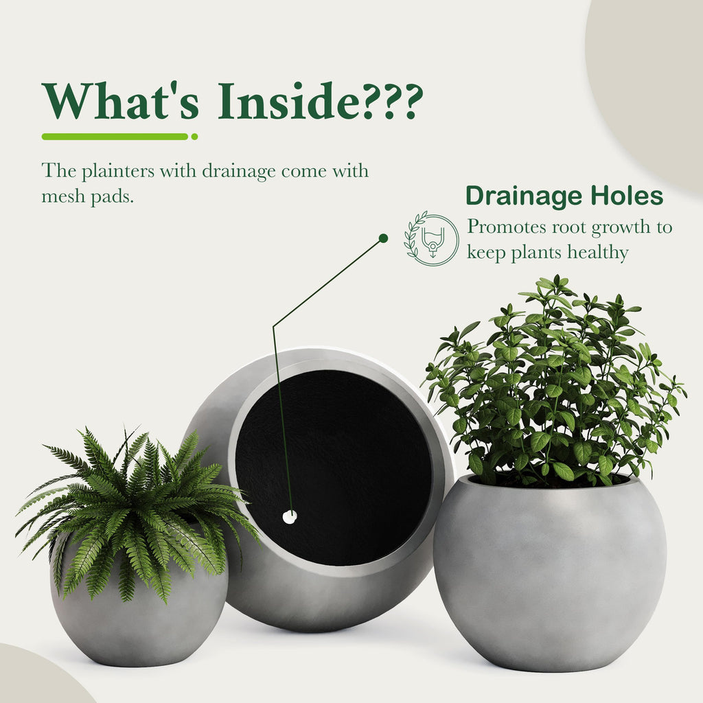 DTY Fiberstone Globe Planter Indoor Outdoor — Lightweight Sphere Ball Pot for Olive Tree, Monstera & Palm | Fiberglass Stone | UV Resistant, Drainage Hole | 2 Coco Mats | Black | 12.6" D × 10" H