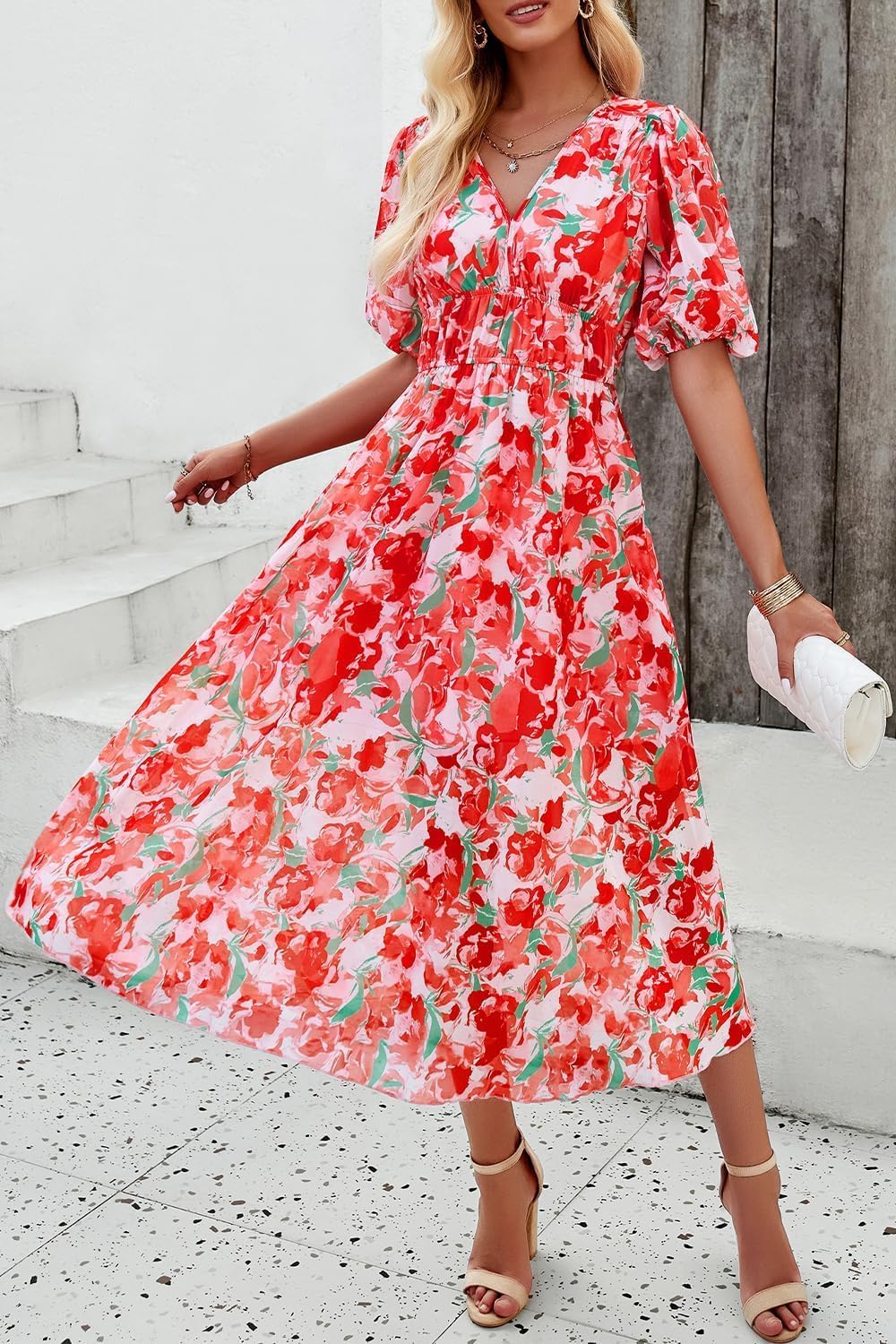 UEAL Womens Floral Flowy Wrap V Neck Midi Dress Short Sleeve Elastic Waist Casual Spring Summer Dresses for Women 2025