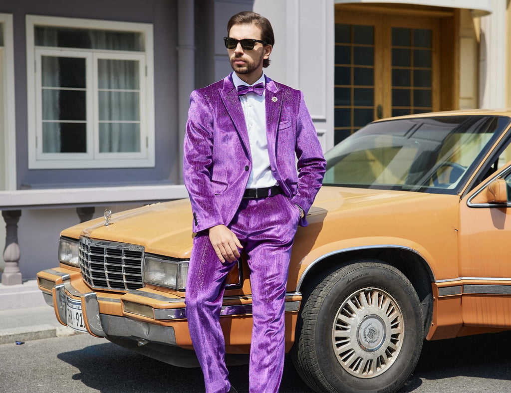 MAGE MALE Mens Suits Velvet Tuxedo Suit Set Slim Fit 2 Piece Luxurious Party Dinner Jacket Pants with Bow Tie
