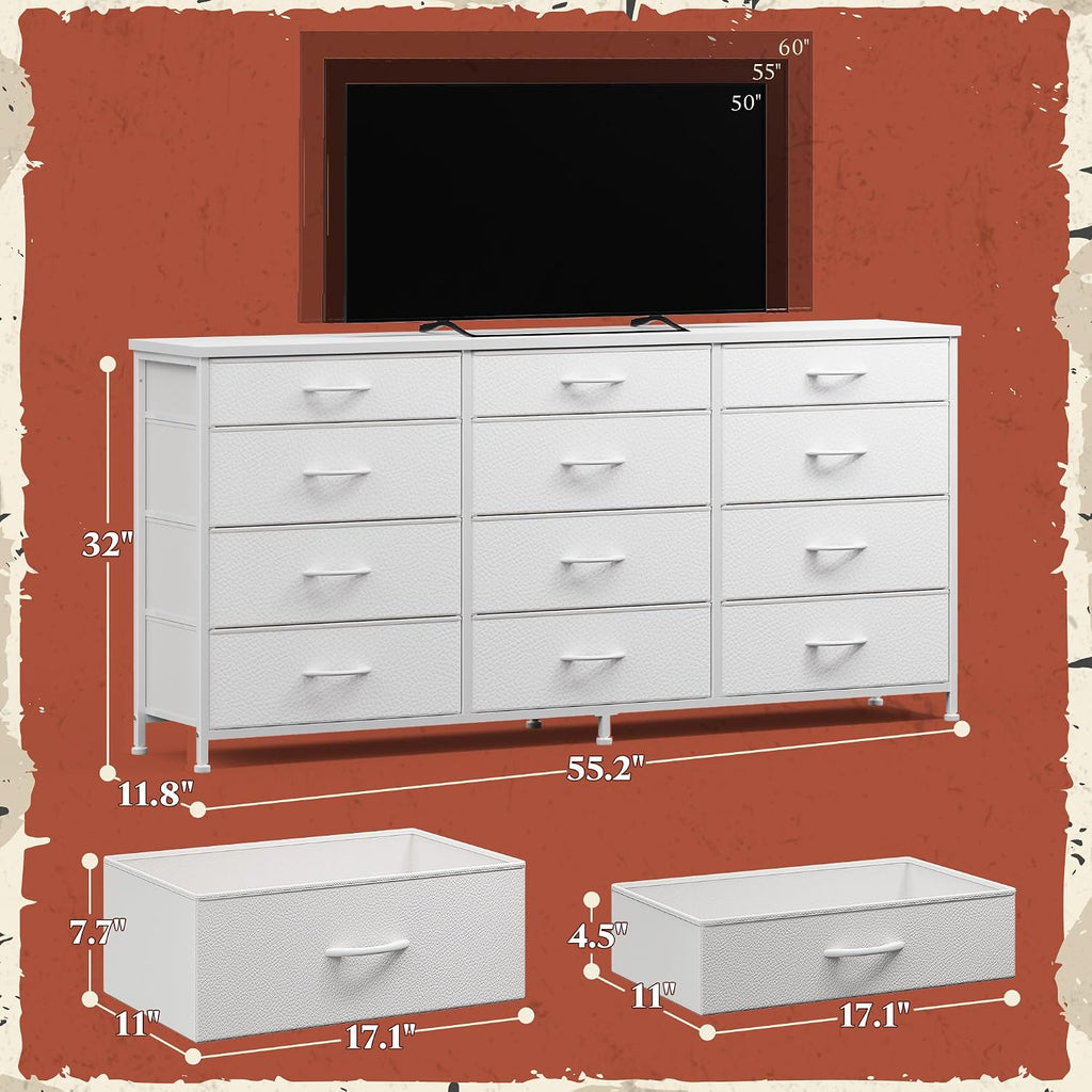 Romorgniz 55" Long Dresser for Bedroom with 12 Fabric Drawers, TV Stand for 60 inch TV Dressers & Chests of Drawers Large Organizer, Living Room, Metal Frame, Wood Top, White