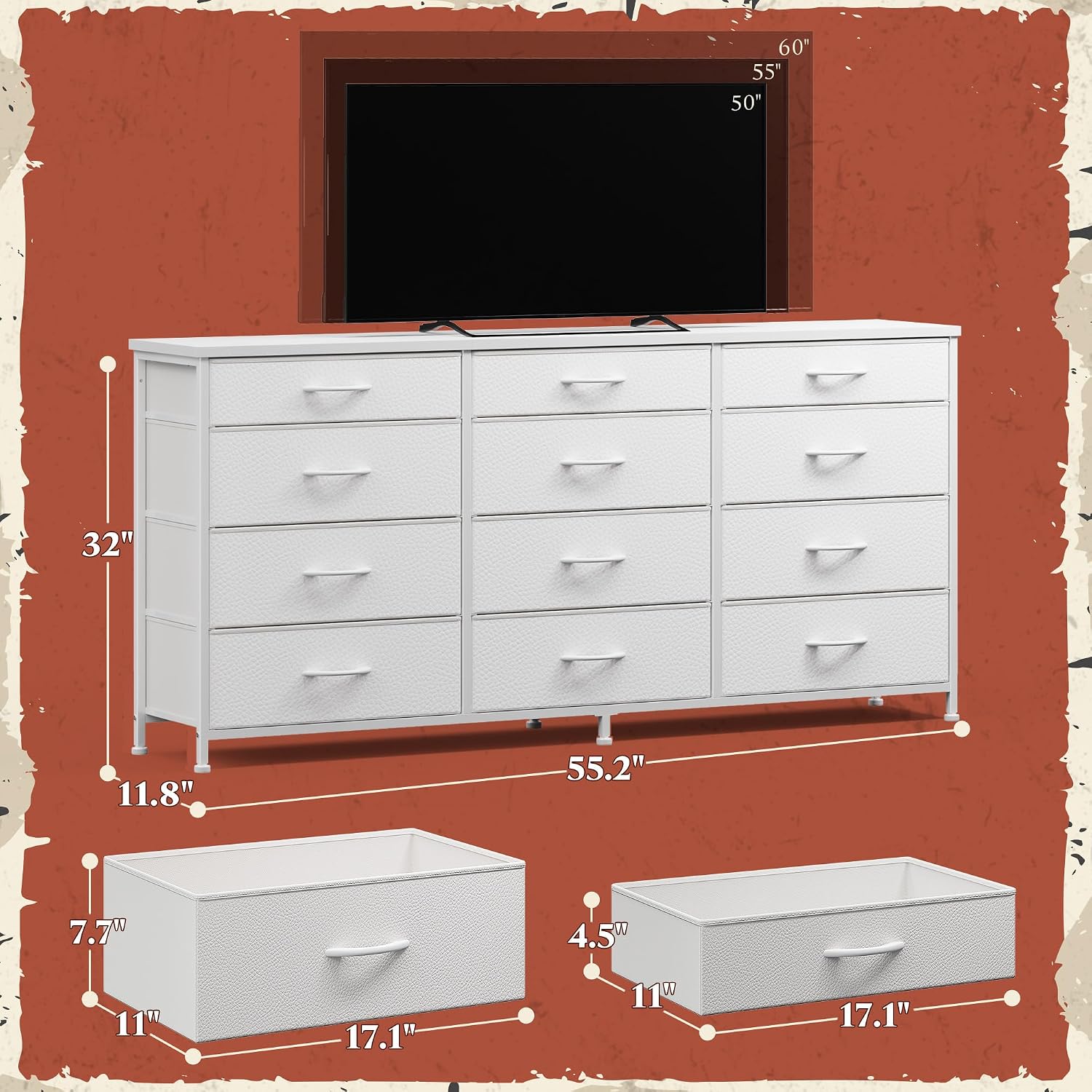 Romorgniz 55" Long Dresser for Bedroom with 12 Fabric Drawers, TV Stand for 60 inch TV Dressers & Chests of Drawers Large Organizer, Living Room, Metal Frame, Wood Top, White