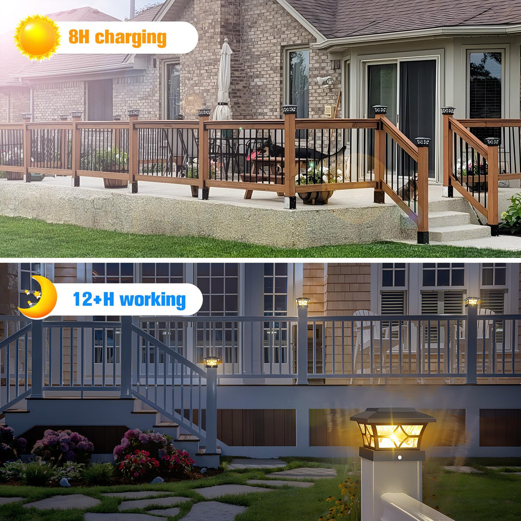 VOLISUN Solar Post Cap Lights Outdoor, Solar Powered Fence Cap Lights for 4x4 Vinyl/Wood, Black Waterproof Solar Deck Post Light 4Pack Cool/Warm for Garden Patio Porch