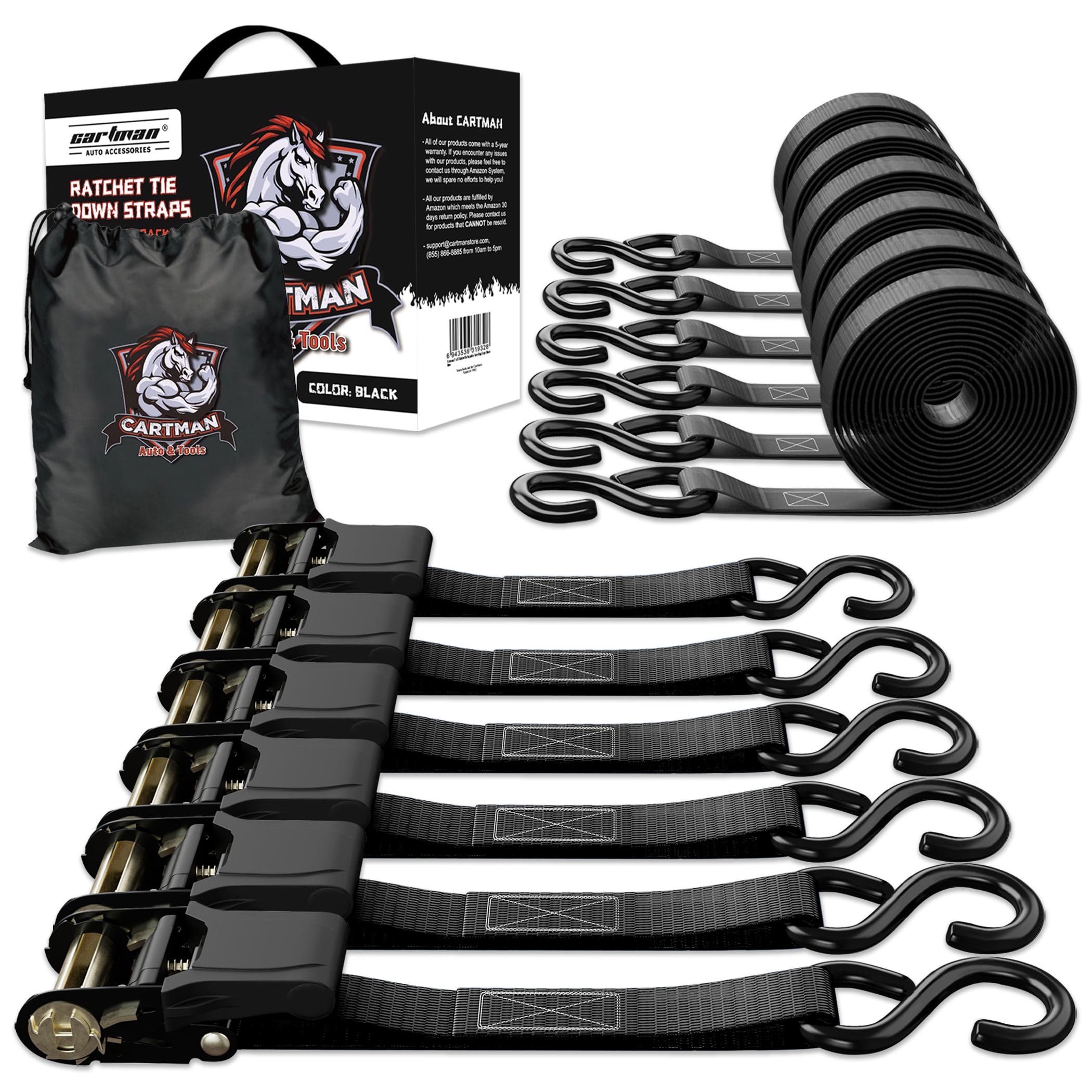 Cartman Ratchet Tie Down, 4Pk 15Ft, 500Lbs Load Cap/ 1500Lbs Break Strength, Cargo Straps for Moving Appliances, Lawn Equipment, Motorcycle in a Truck, with Carry Bag
