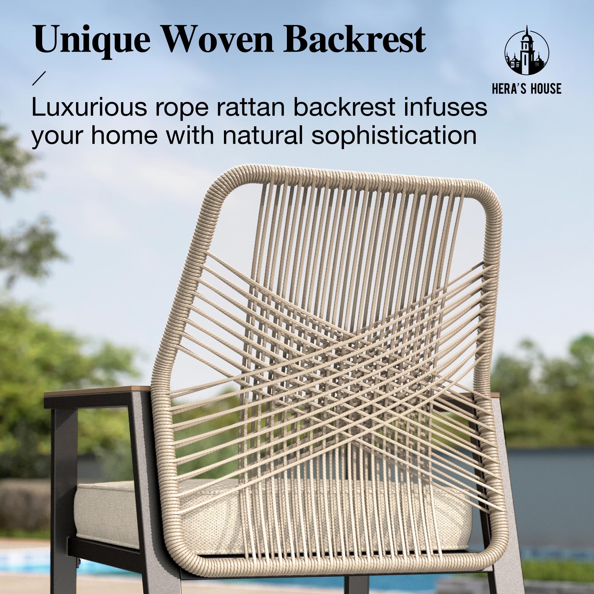 HERA'S HOUSE Outdoor Chairs Set of 2, 36.6" Rattan Dining Chairs with Heavy-Duty Wrought Iron Metal Frame, All-Weather Patio Chair for Garden Lawn Backyard Kitchen Deck