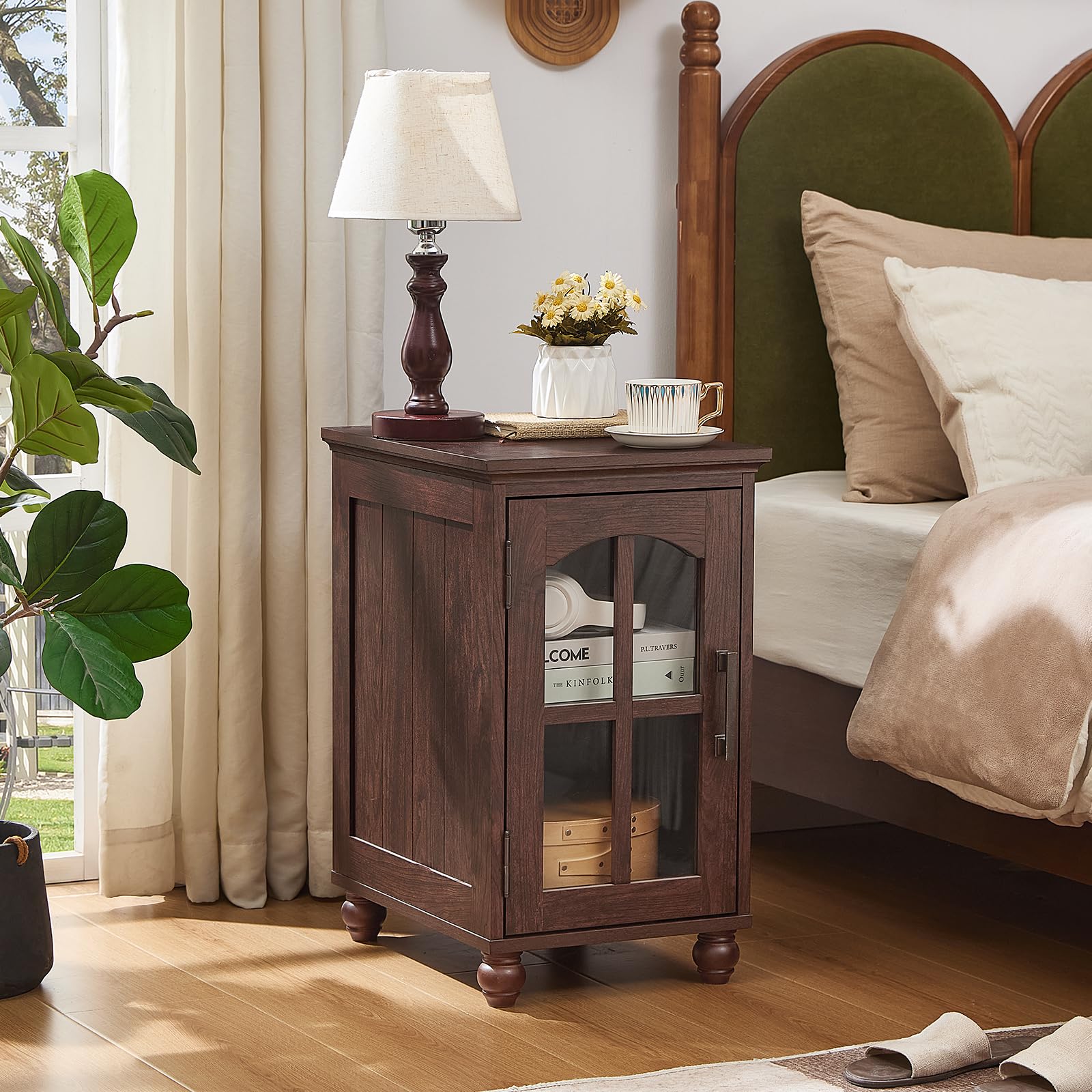 Narrow Side Table,Farmhouse Nightstand with Charging Station,Wood End Table with Glass Barn Door Storage, Cabinet Organizer with Adjustable Shelf, Night Stand for Small Spaces for Living Room Bedroom
