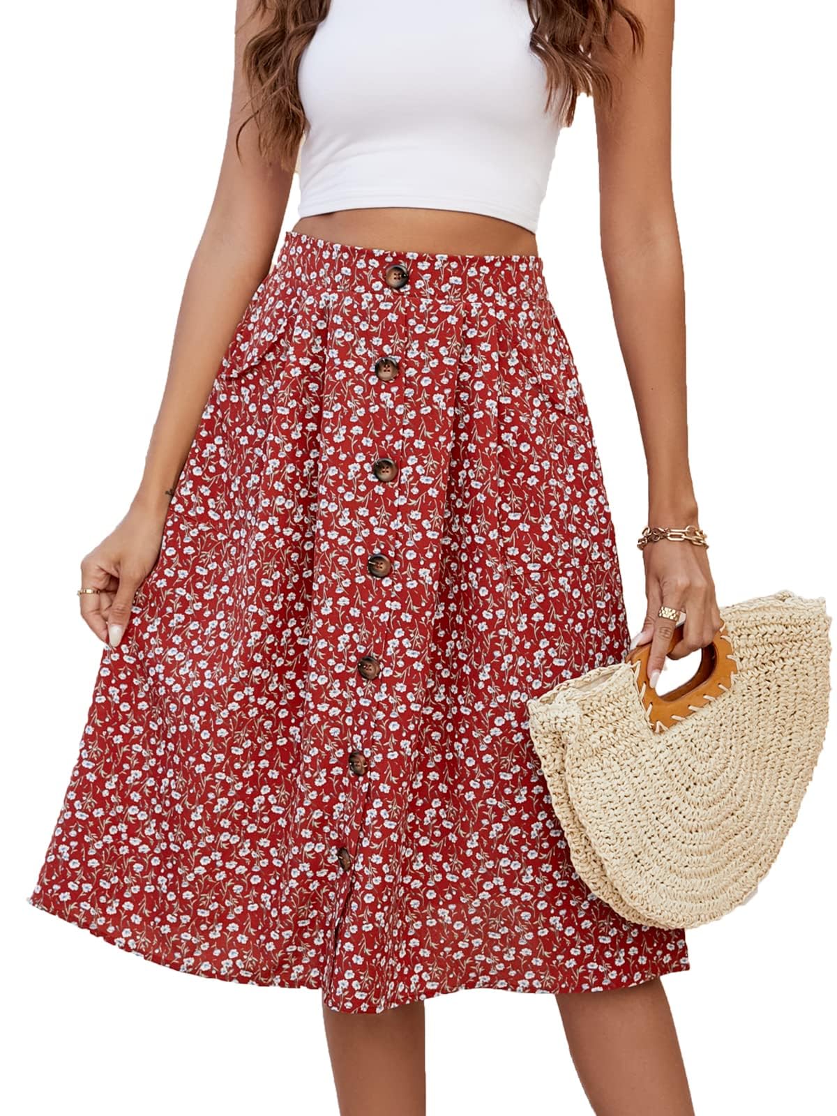 Naggoo Womens Summer Skirts Casual Front Button A-Line High Waisted Midi Skirt with Pockets