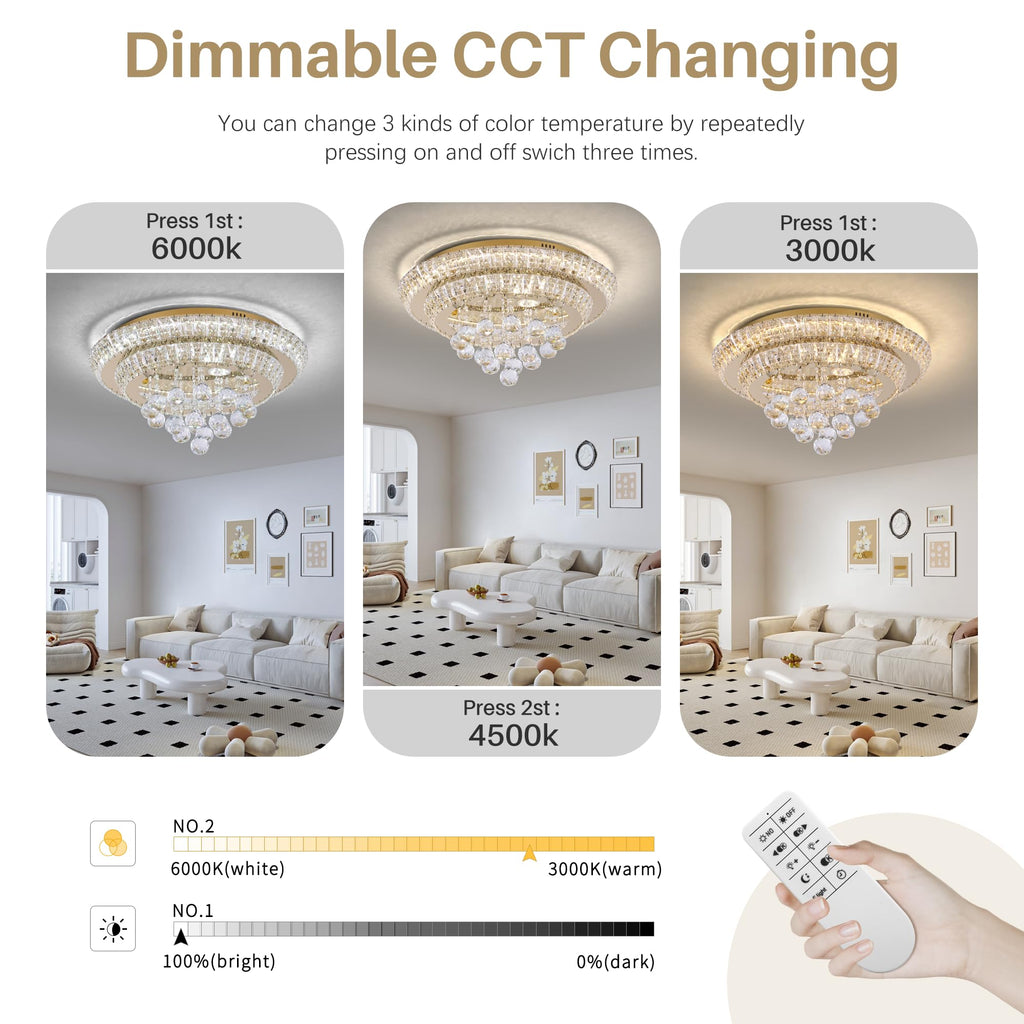 COCOSTAR 20" Gold Crystal Chandeliers, Flush Mount Chandelier LED Ceiling Light, Modern Crystal Raindrop Chandeliers for Dining Room, Living Room, Bedroom