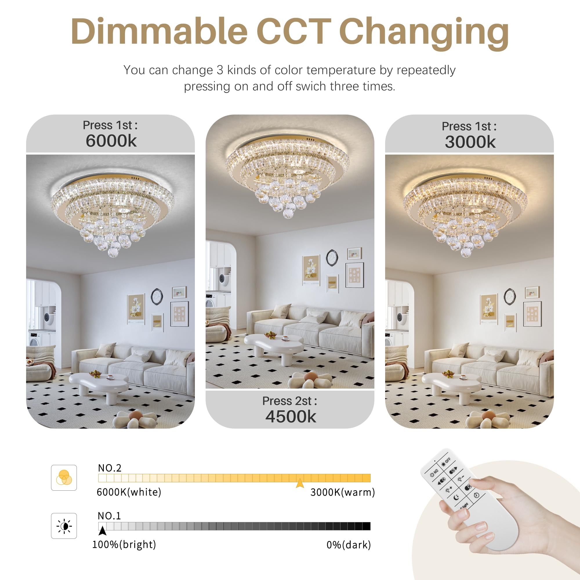 COCOSTAR 20" Gold Crystal Chandeliers, Flush Mount Chandelier LED Ceiling Light, Modern Crystal Raindrop Chandeliers for Dining Room, Living Room, Bedroom