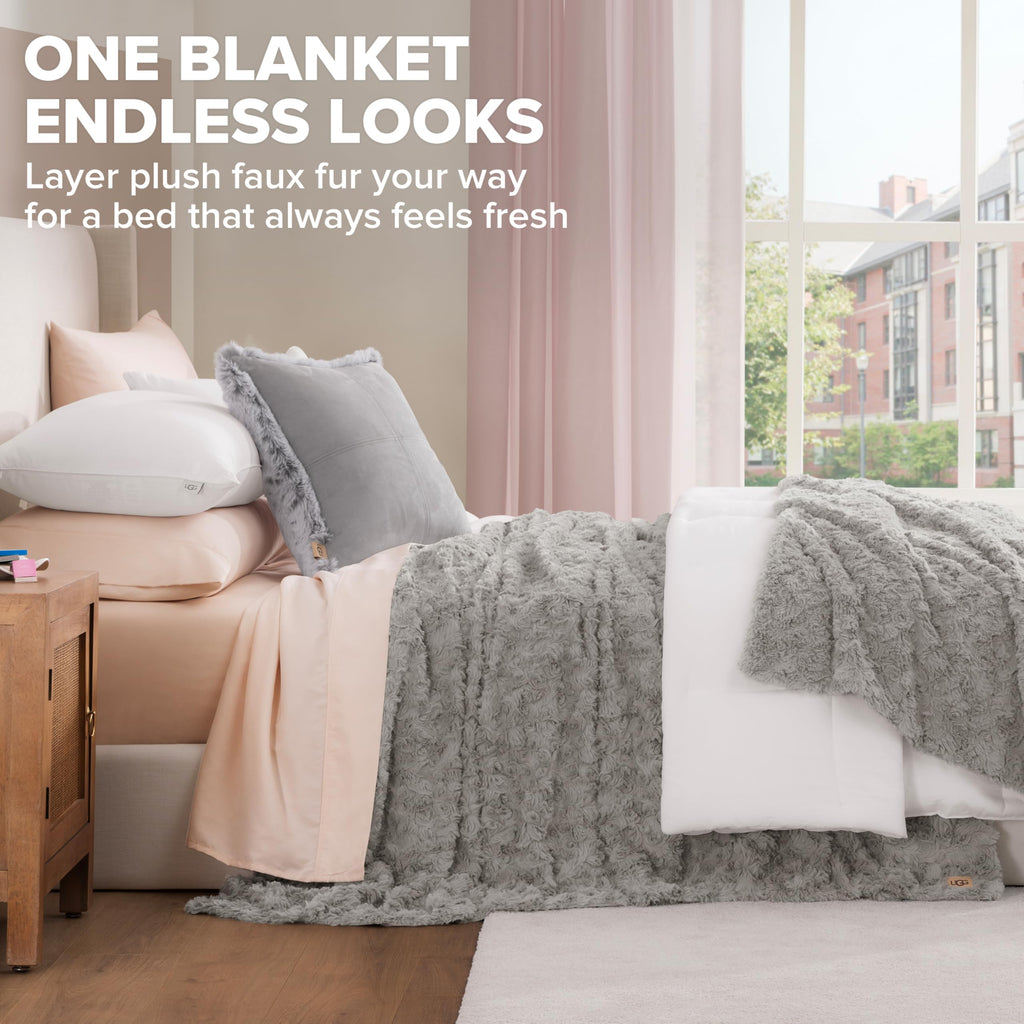 UGG Adalee Faux Fur Twin Size Blanket, Warm Cozy Blanket, Extra Large Throw for Sofa, Washable Bedding for Twin XL Size Bed, Cute Room Decor, 66" x 90", Oyster Brown
