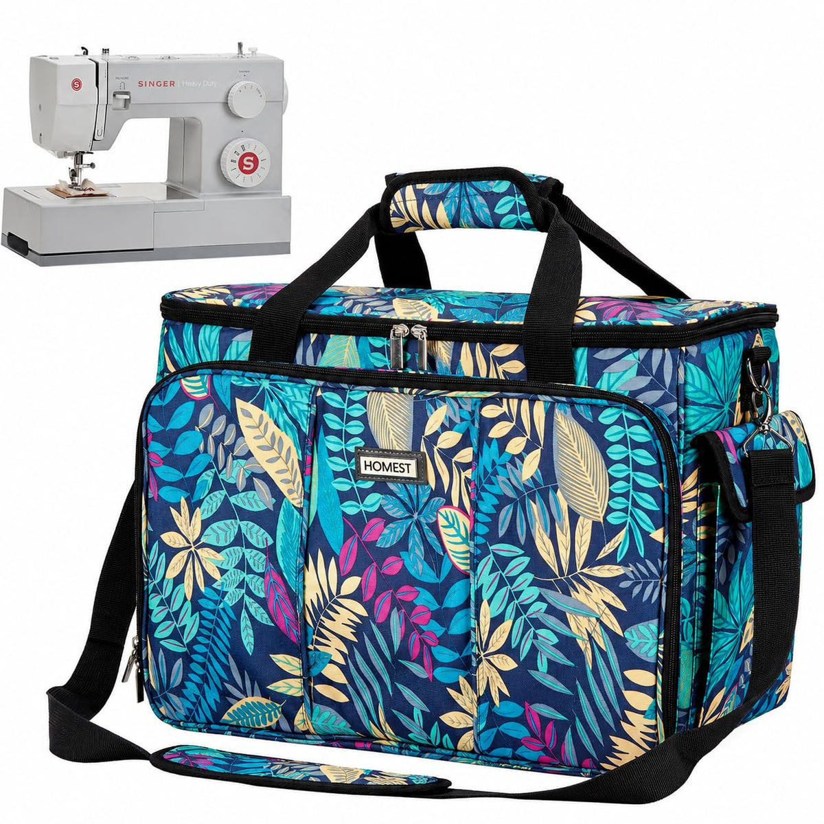 HOMEST Sewing Machine Carry Case, with Shoulder Strap and Front Pocket | Fits most standard Singer, Brother and Janome machines, with storage pockets for sewing accessories and tools, Floral