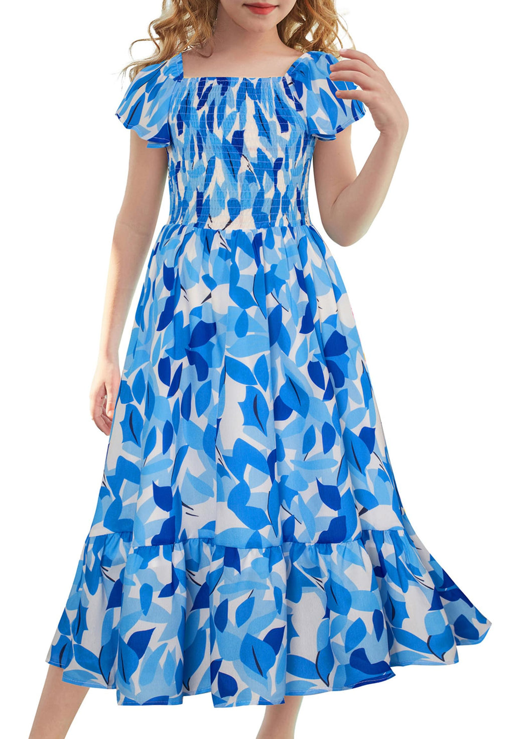 GRACE KARIN Girls Flutter Sleeve Floral Dresses Girl Long Midi Spring Dress Kids Smocked Flare Summer Dress 6-16Y