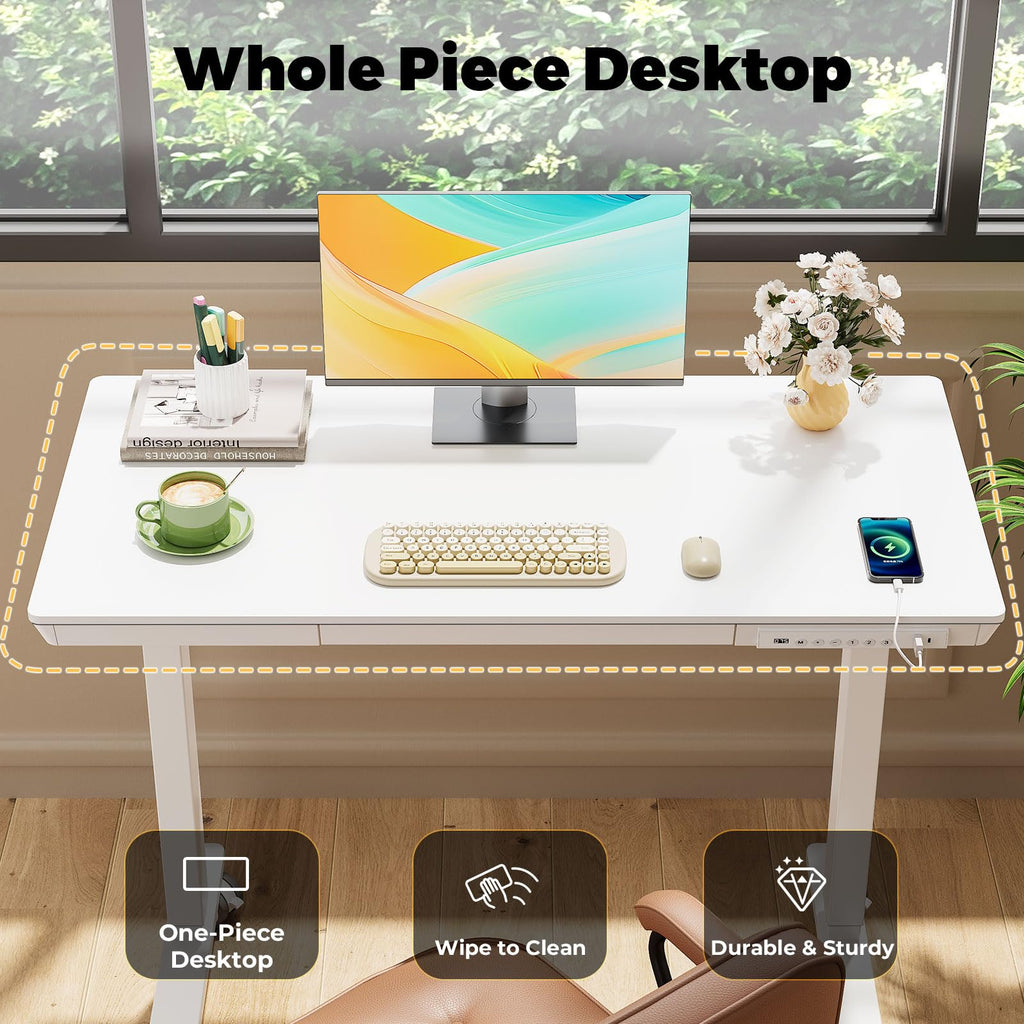 Glass Electric Standing Desk with Drawer, 35" x 20" Whole Piece Tabletop Samll Sit Stand Table, Height Adjustable Workstation with Storage & USB Ports, Quick Install Home Office Desk