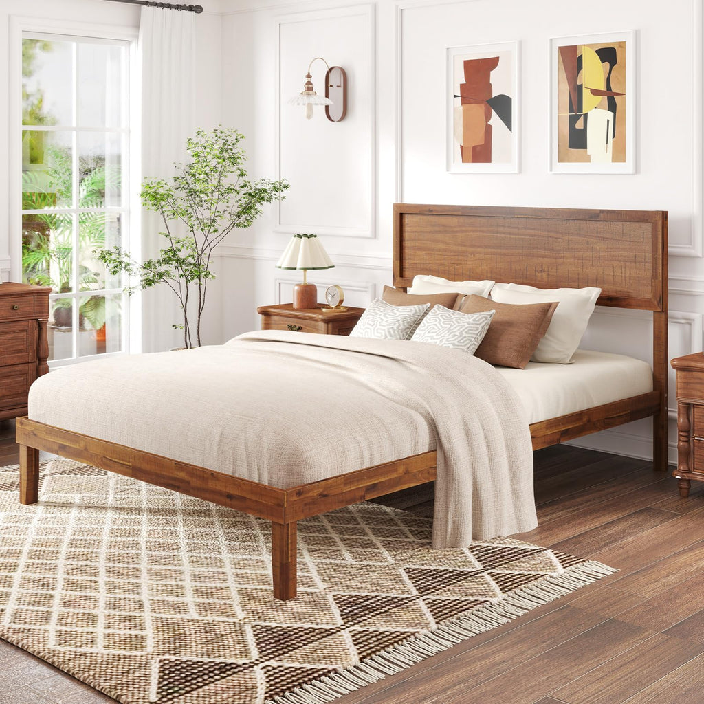 Giantex Wood Twin Bed Frames with Headboard, Solid Acacia Wood Platform Bed with 12 Strong Wooden Slat Support, Scandinavian Style Art Deco Twin Size Bed Frame, No Box Spring Needed, Rustic Brown
