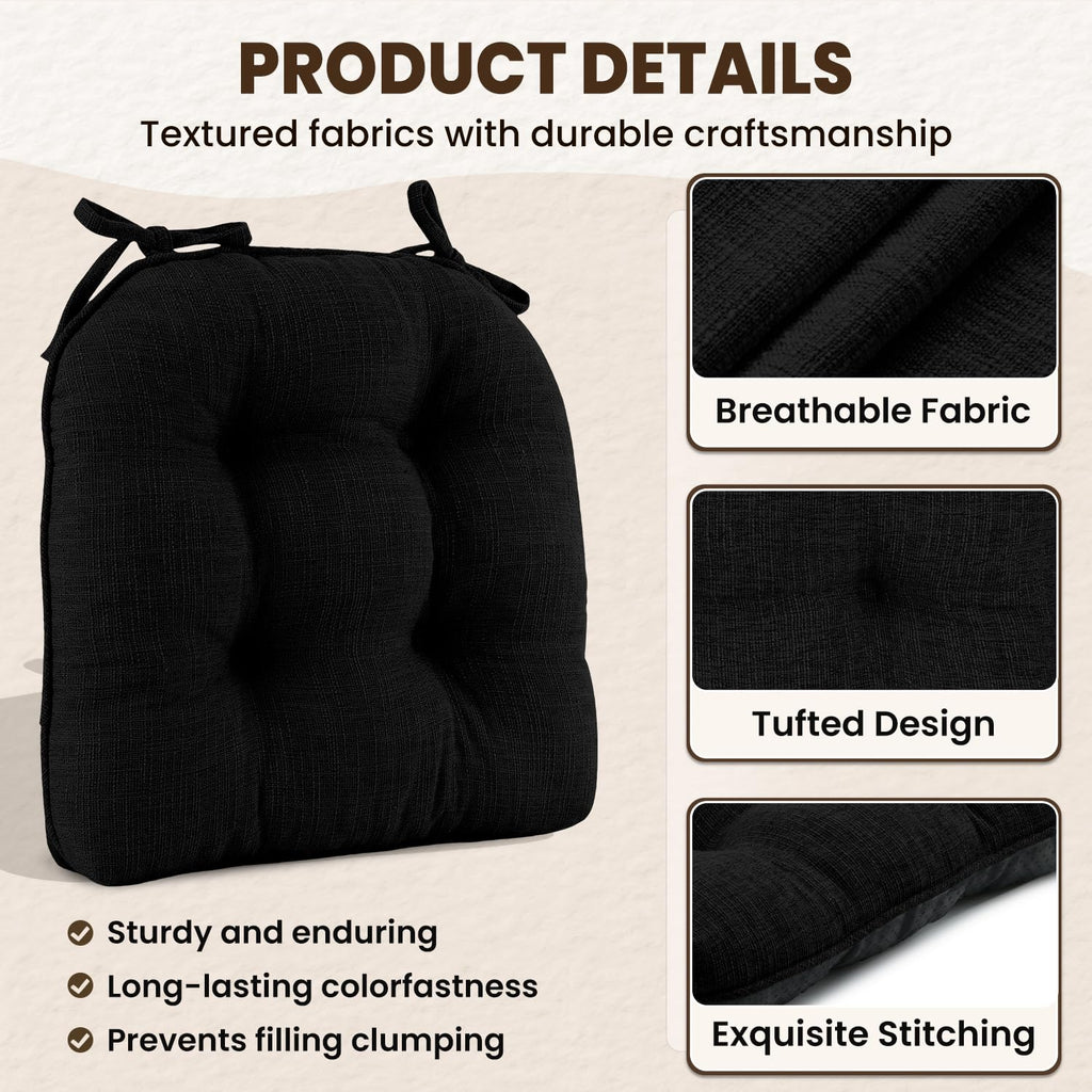 downluxe Indoor Chair Cushions for Dining Chairs, Tufted Overstuffed Textured Kitchen Chair Pads with Ties and Non-Slip Backing, 15.5" x 15.5" x 4", Aqua Blue, 4 Pack