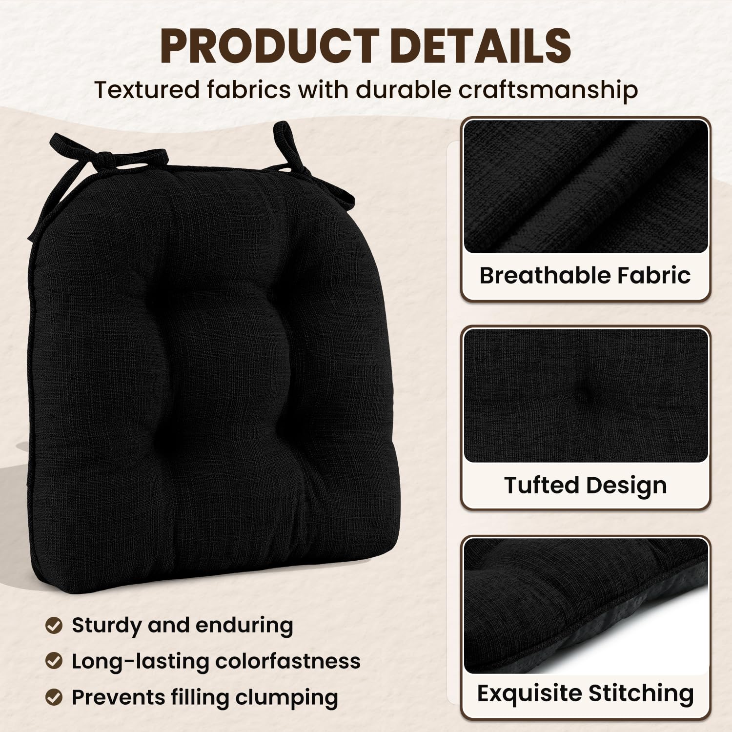 downluxe Indoor Chair Cushions for Dining Chairs, Tufted Overstuffed Textured Kitchen Chair Pads with Ties and Non-Slip Backing, 15.5" x 15.5" x 4", Aqua Blue, 4 Pack