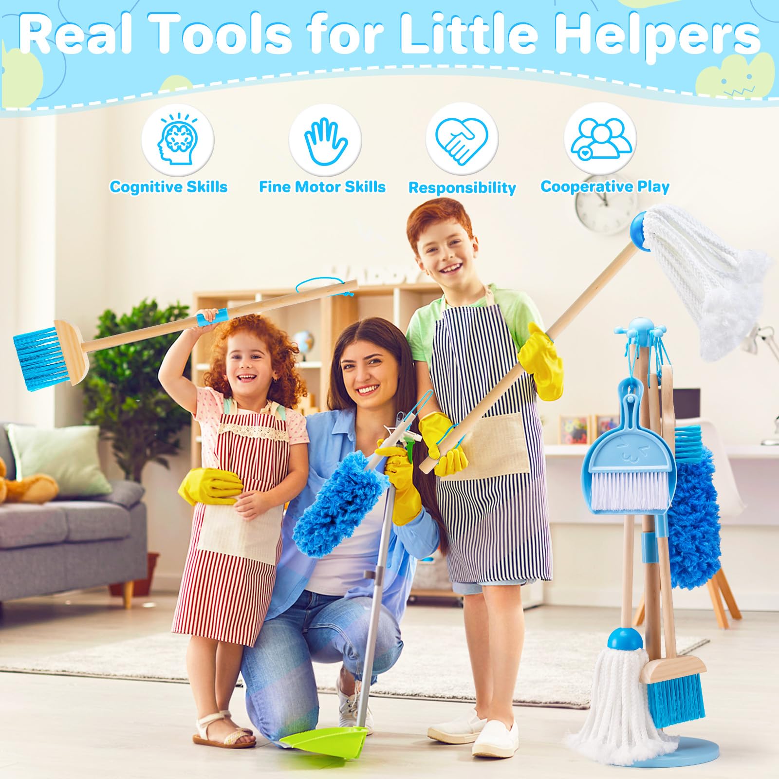 WHOHOLL Wooden Kids Cleaning Toy Set Toddler Broom and Dustpan Set for Housekeeping 9 Pcs Broom and Mop Set for Toddlers 3-6, Cleaning Toys with Sponge, Christmas Birthday Gifts for Boys Girls