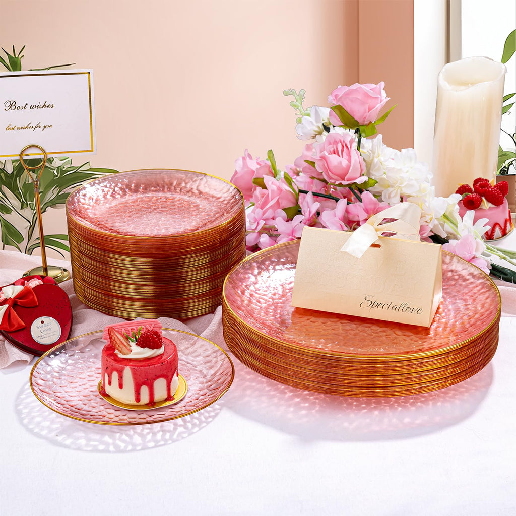 Rubtlamp 100Pcs Amber Gold Plastic Plates, Disposable Plates With Gold Rim, Heavy-duty Party Platos, Hammered Plastic Plates Include 50 Clear Dessert Plates, 50 Dinner Plates for Party