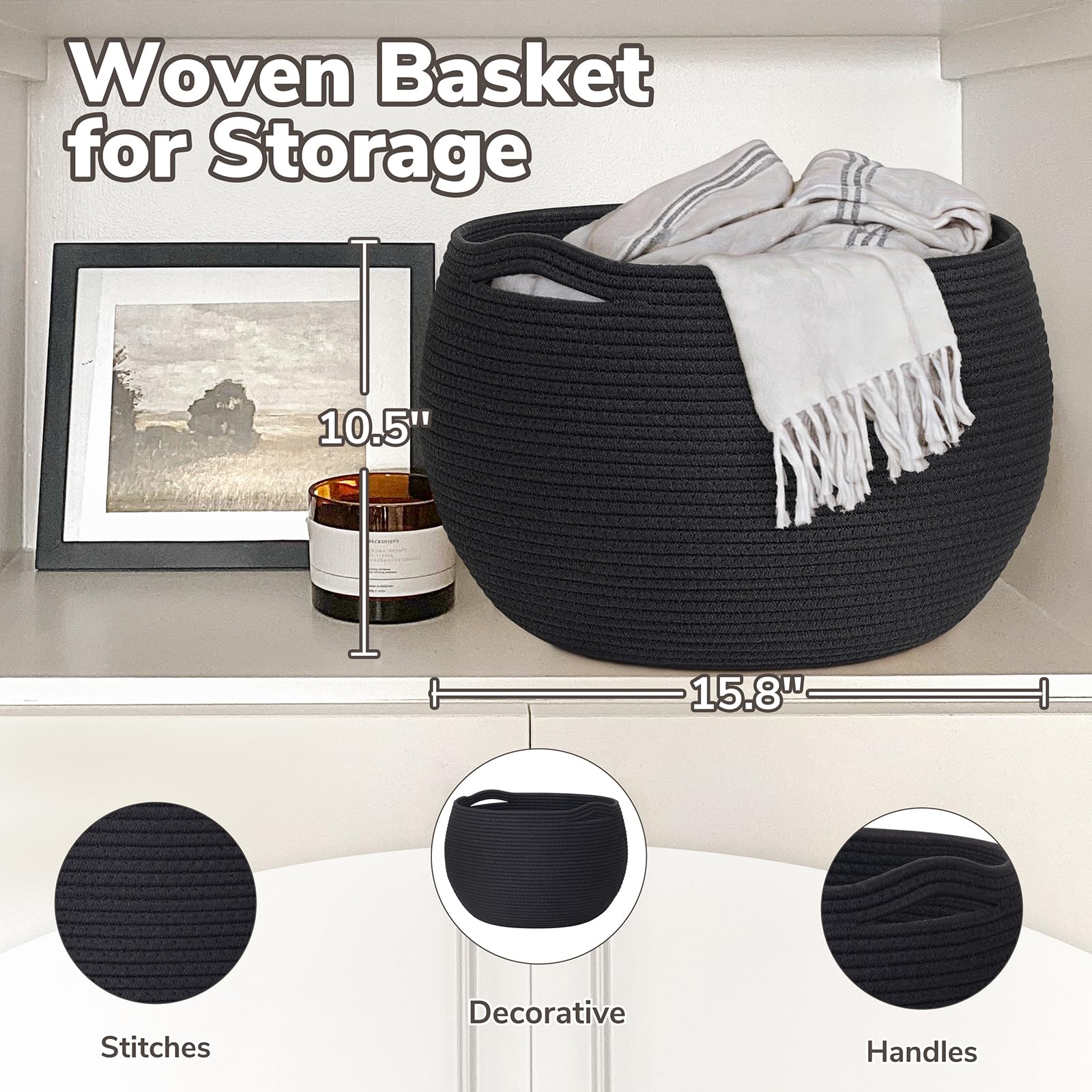 Goodpick Small Rope Storage Basket, Black Round Baskets for Socks, Dog Toys, Towels, Cute Baby Basket for Living Room, Bedroom, Nursery, Towel Baskets for Bathroom, 10 x 8.3 inches