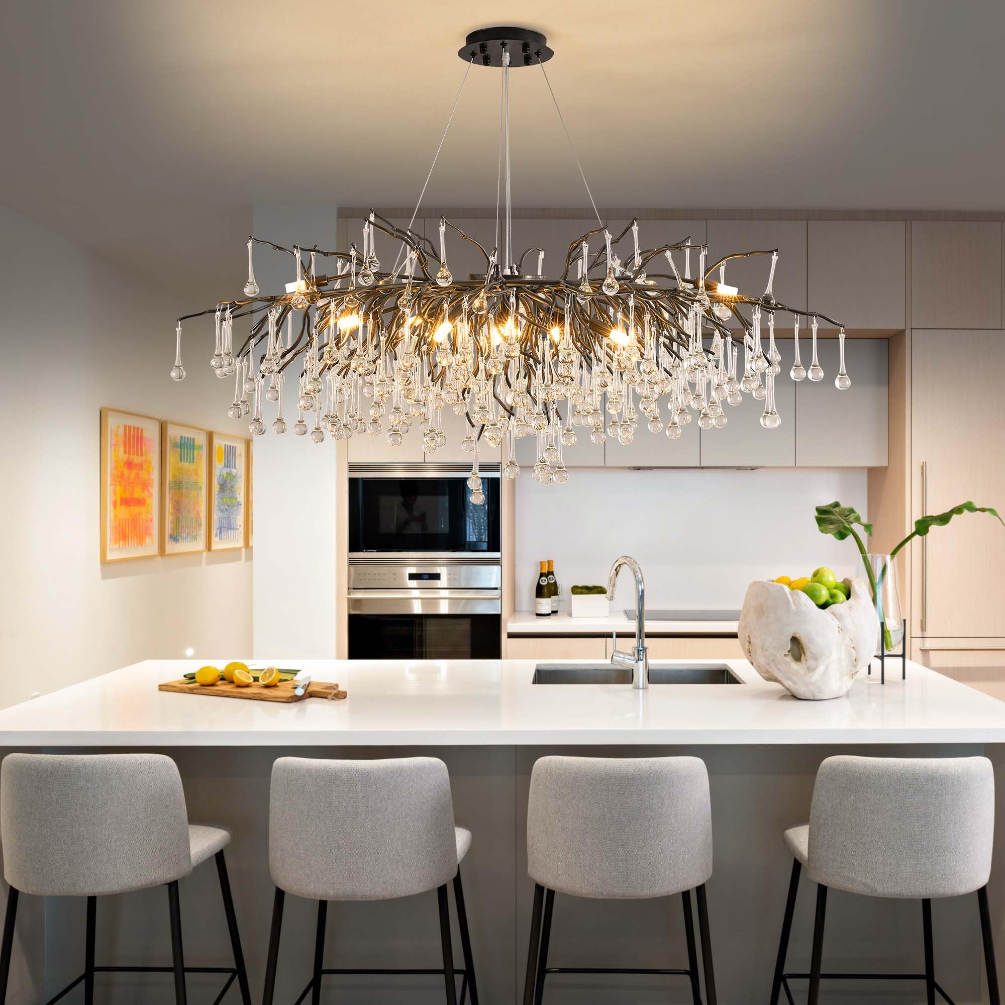 Modern Crystal Raindrop Chandelier, L40'' Black Linear Rectangle Art Deco Tree Branch Lighting Fixture for Kitchen Island Living Room Foyer Staircase 10 Lights