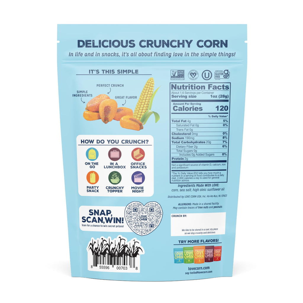 LOVE CORN Sea Salt – Crunchy Roasted Corn Snack, 3 Simple Ingredients, Gluten Free, Non-GMO, Zero Sugar, Vegan, Plant Based– Alternative to Chips, Nuts & Crackers – Office & On-the-Go Snacks – 4oz