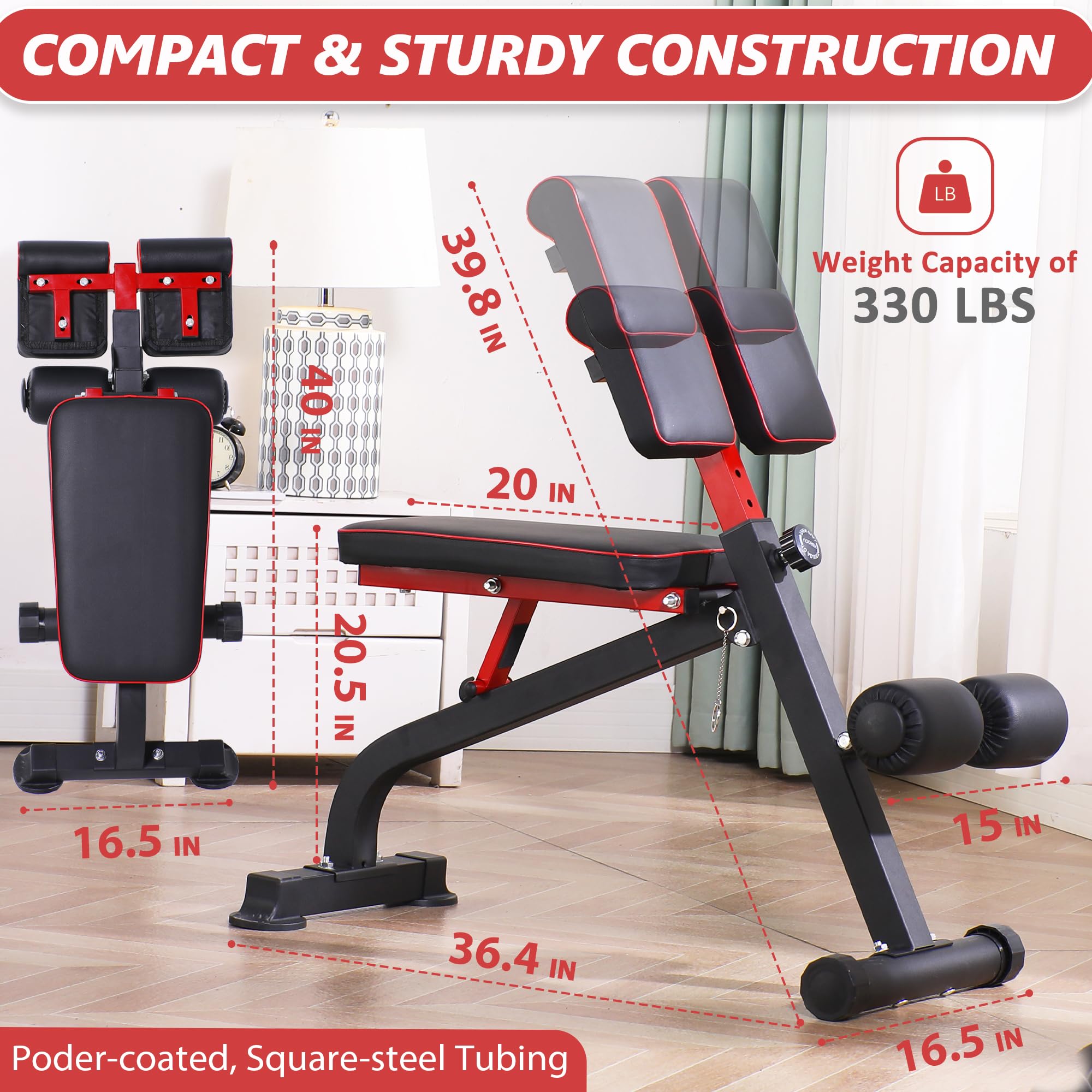 BODYRHYTHM Compact Adjustable Weight Bench for Full Body Strength Training, Ab/Back Hyper Roman Chair, Adjustable Ab Sit up Bench, Incline Decline Bench, Flat Bench, Hyperextension Bench, Back Extension Machine