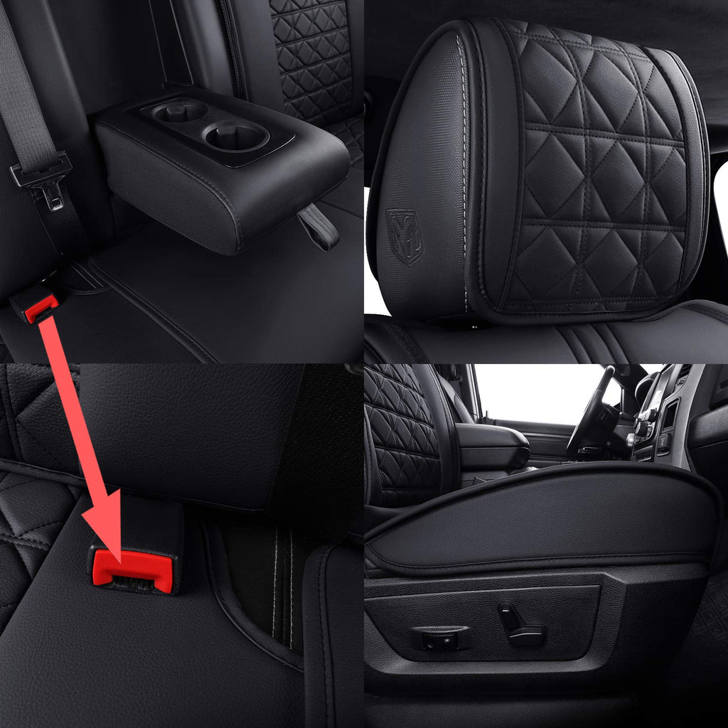 YIERTAI Dodge RAM Seat Covers Fit for 2009-2023 2024 2025 2026 1500/2500/3500HD Pickup Front Seats Only Crew Double Cab Quad Cab Waterproof Leather Seat Covers(2 PCS Front only/Black)