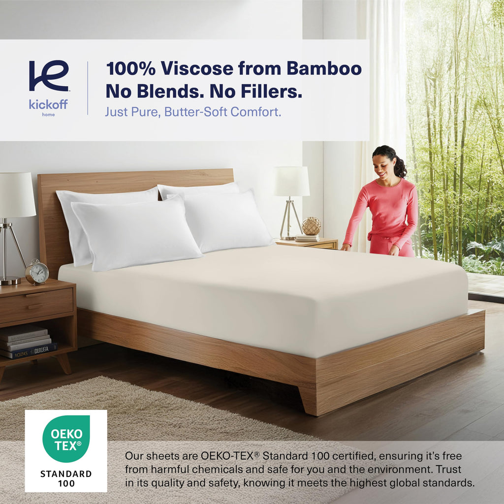 Kickoff Viscose Bamboo Fitted Sheet Twin Size, 100% Organic Cooling Sheets Fitted ONLY Viscose Bamboo Sheets Twin Size Bed Sheet for Hot Sleepers, Extra Deep Pocket, 4 Corner Strap (T, Onyx Black)