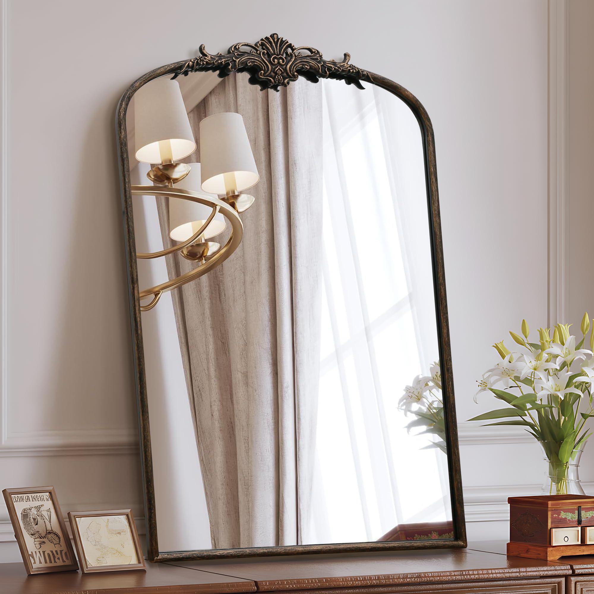 Besdomus Vintage Arched Black Mirror: 32"x24" French Large Black Vintage Wall Mirror - Baroque Traditional Ornate for Living Room/Fireplace/Bathroom- Ideal Gifts for Housewarming/Birthday