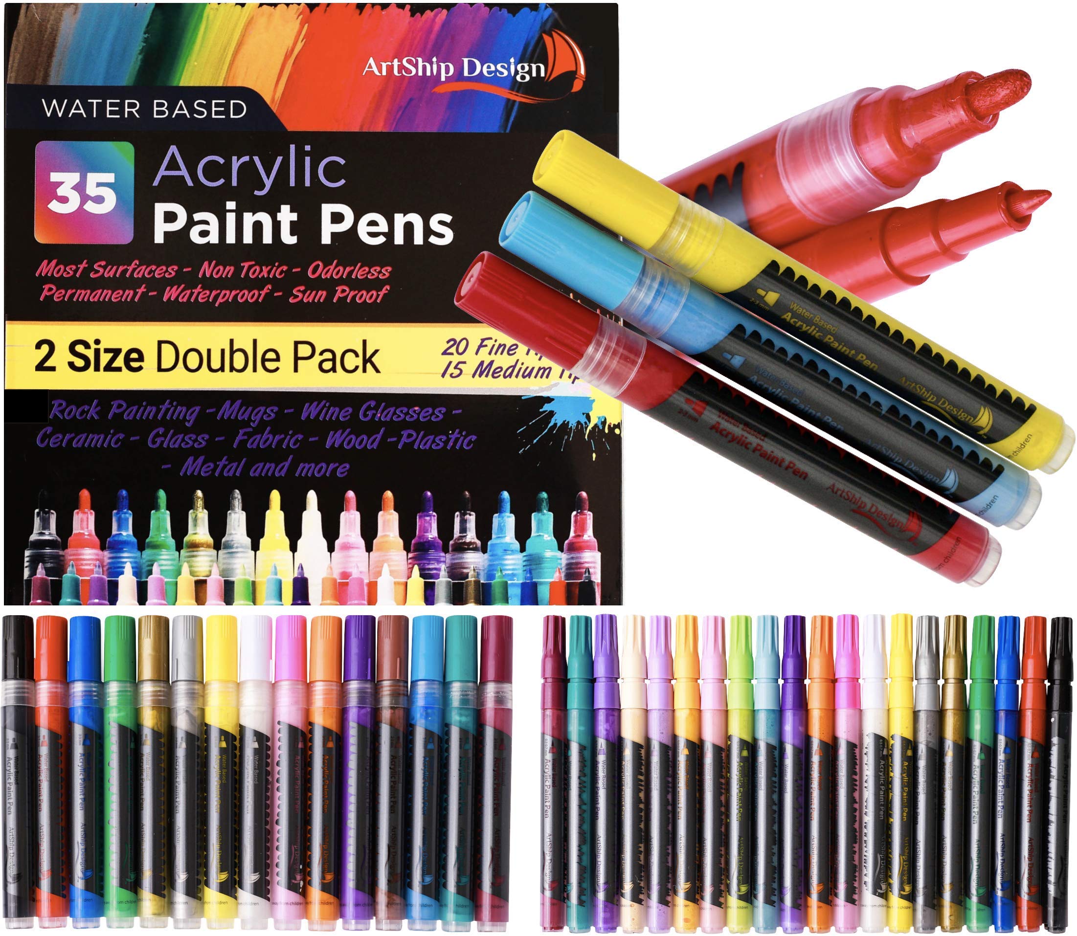 ArtShip Design 10 Black Acrylic Paint Pens, Double Pack of Both Extra Fine and Medium Tip Paint Markers, for Rock Painting, Mug, Ceramic, Glass, and Fabric Painting, Water Based Non-Toxic and No Odor