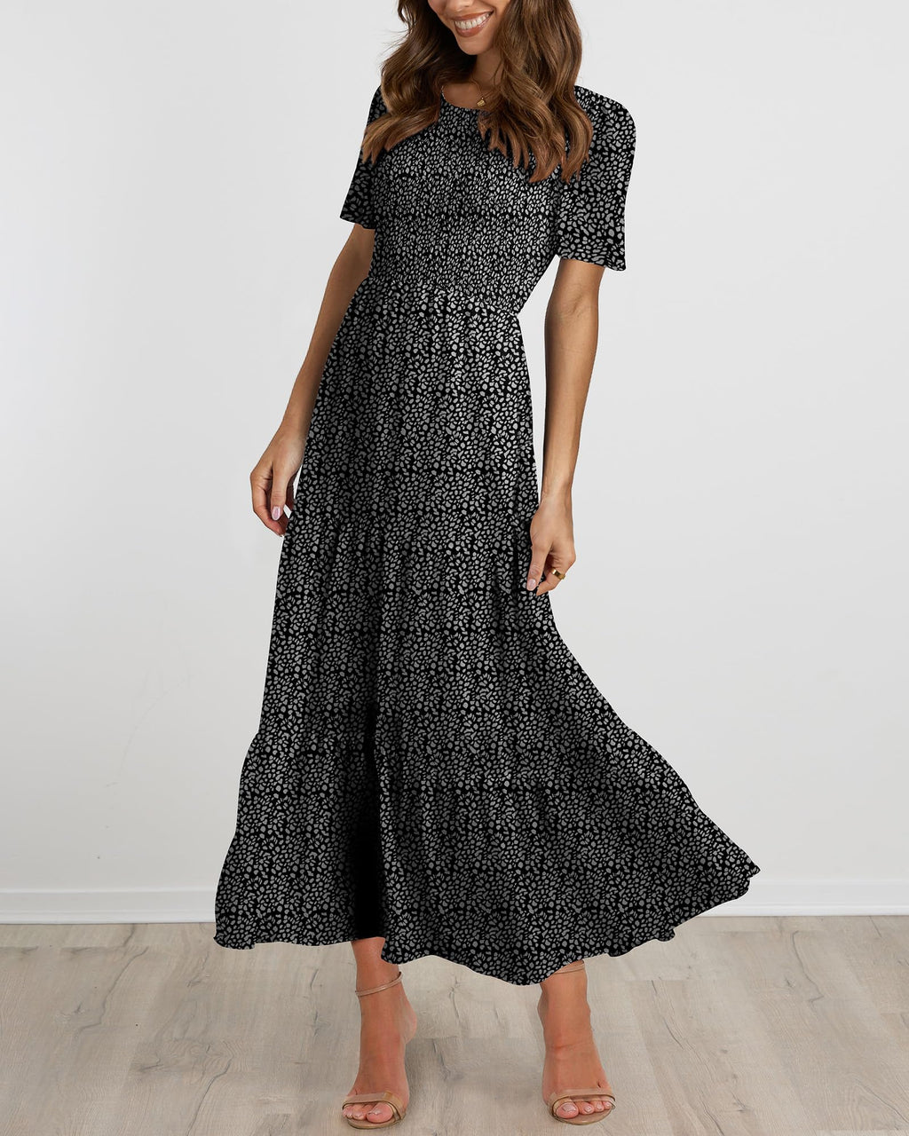 BTFBM Women Casual Short Sleeve Crew Neck Summer Dress Bohemian Floral Printed Flowy Maxi Dresses Tiered Cocktail Dress