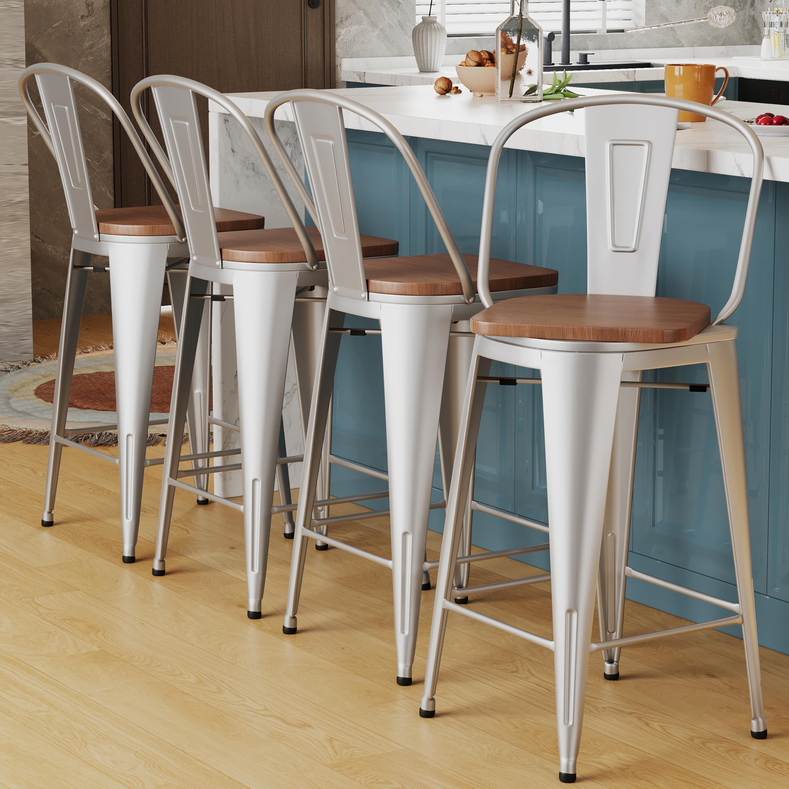 Alunaune 24" Swivel Metal Bar Stools Set of 4 High Back Counter Height Barstools Industrial Dining Bar Chairs with Large Wooden Seat-Matte Black