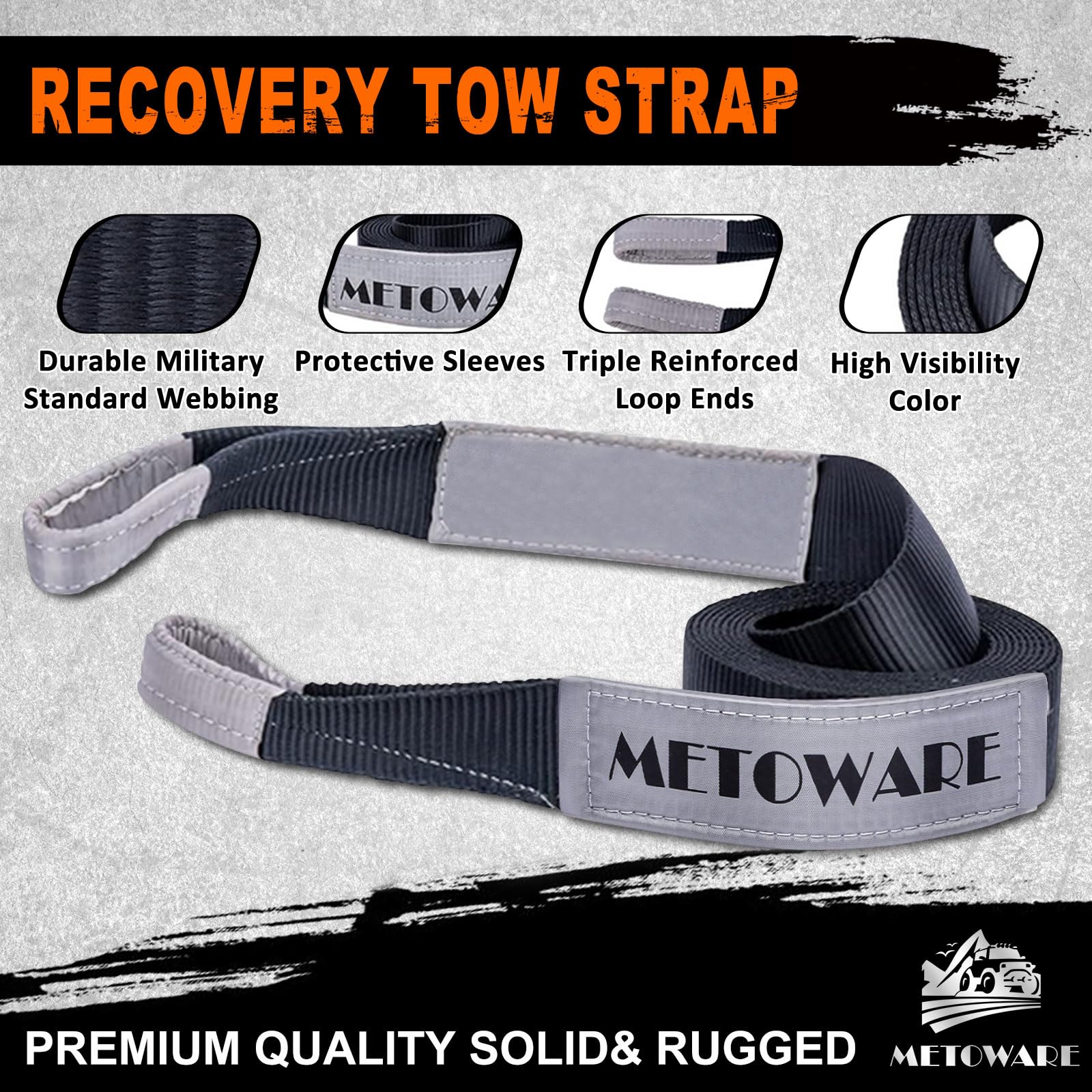 METOWARE Recovery Tow Strap Kit 3" x 20ft, Heavy Duty Recovery Strap 35,000lbs Break Strength with 3/4" D Ring Shackles(2pcs) & Storage Bag, Emergency Off Road Towing Rope for SUV, UTV, ATV, Truck
