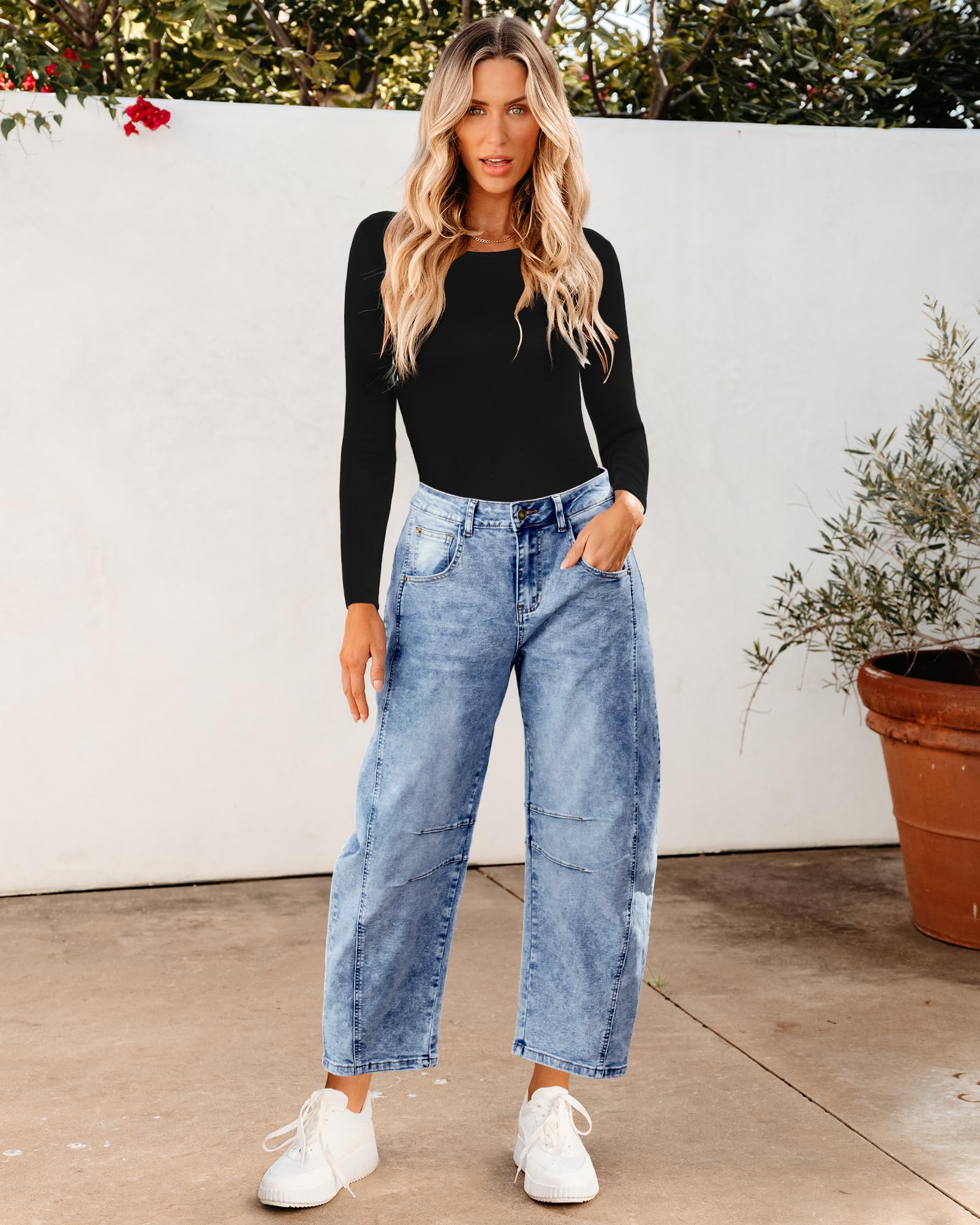 Utyful Barrel Jeans Women Cropped Baggy Trendy High Waisted Distressed Loose Stretch Denim Trouser Jeans with Pockets