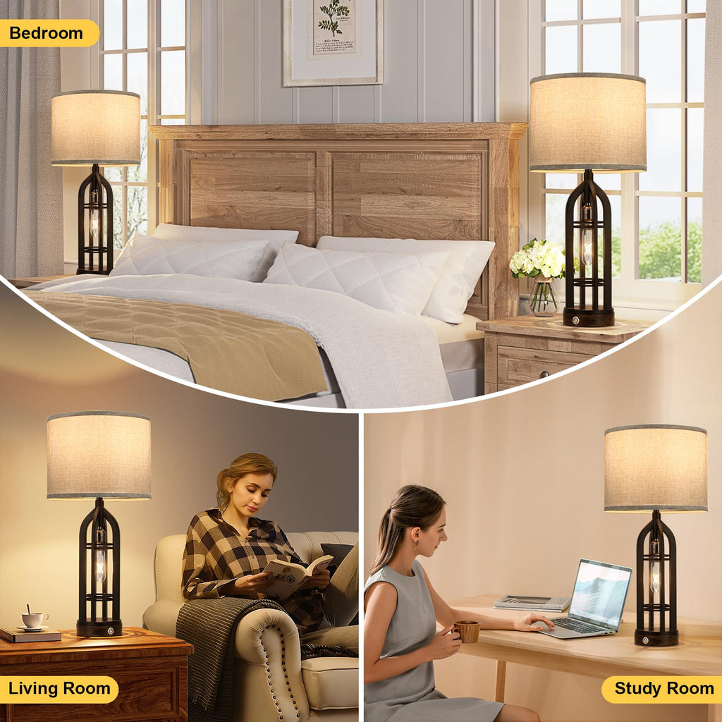 Seealle Table Lamp for Living Room Set of 2 - Wood-Like Bedside Lamp for Bedroom with USB C+A & Outlet, Farmhouse Lamps for Night Stands, 3-Way Dimmable Touch Lamps for Living Room