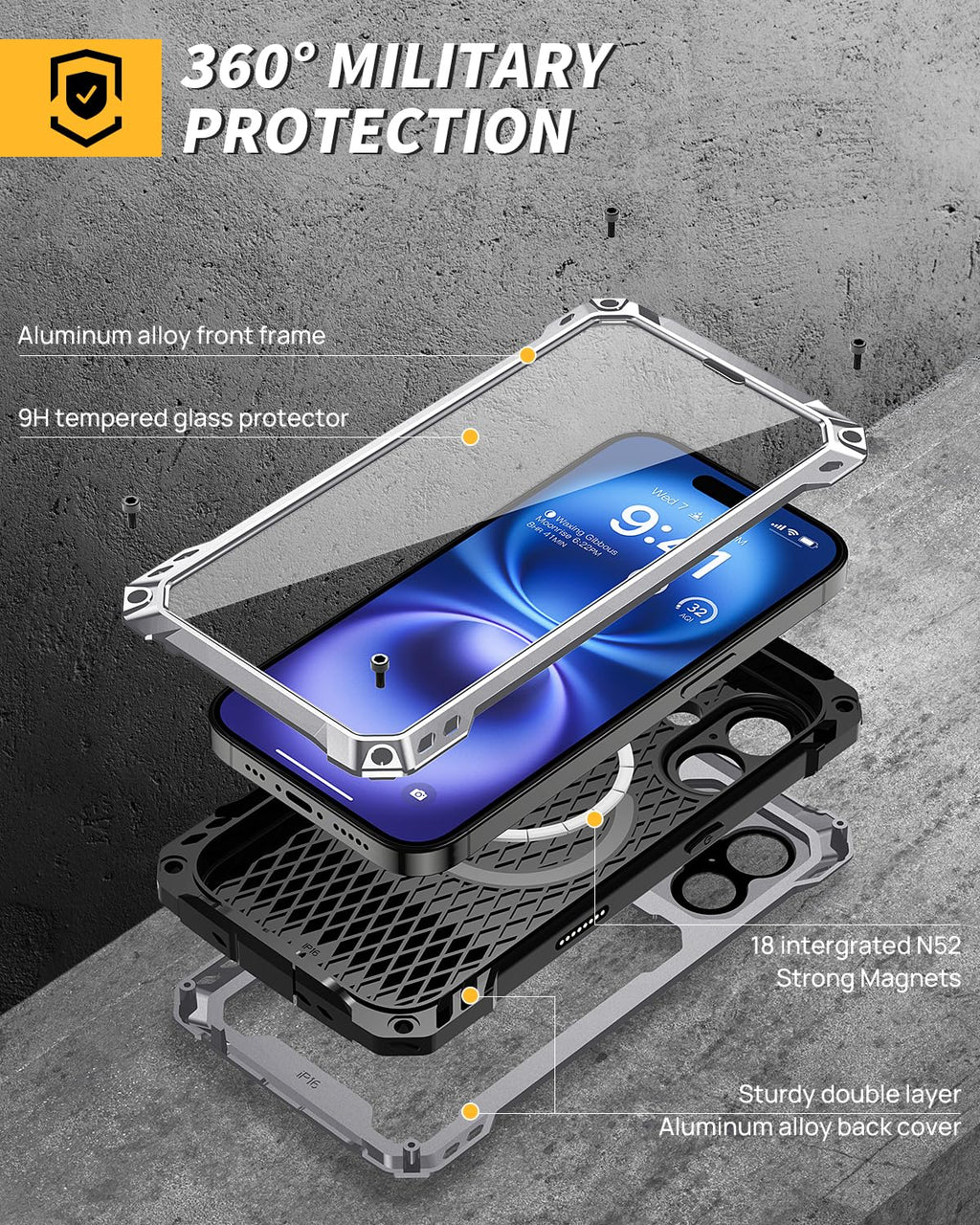 Lanhiem for iPhone 16 Metal Case with Camera Cover & Stand [Compatible with MagSafe] [Built-in Kickstand] [Military-Grade Protection] Heavy Duty Rugged Magnetic Phone Case, Black
