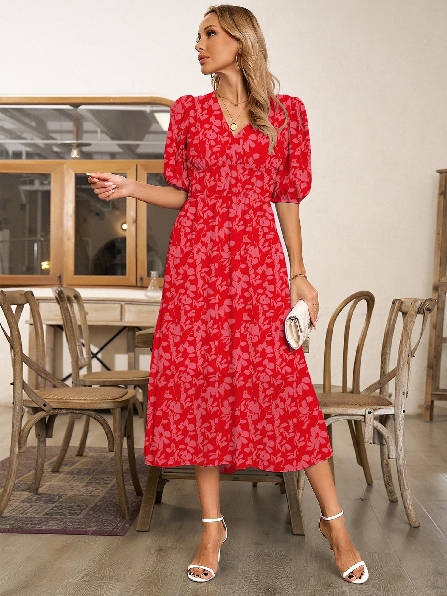 UEAL Womens Floral Flowy Wrap V Neck Midi Dress Short Sleeve Elastic Waist Casual Spring Summer Dresses for Women 2025