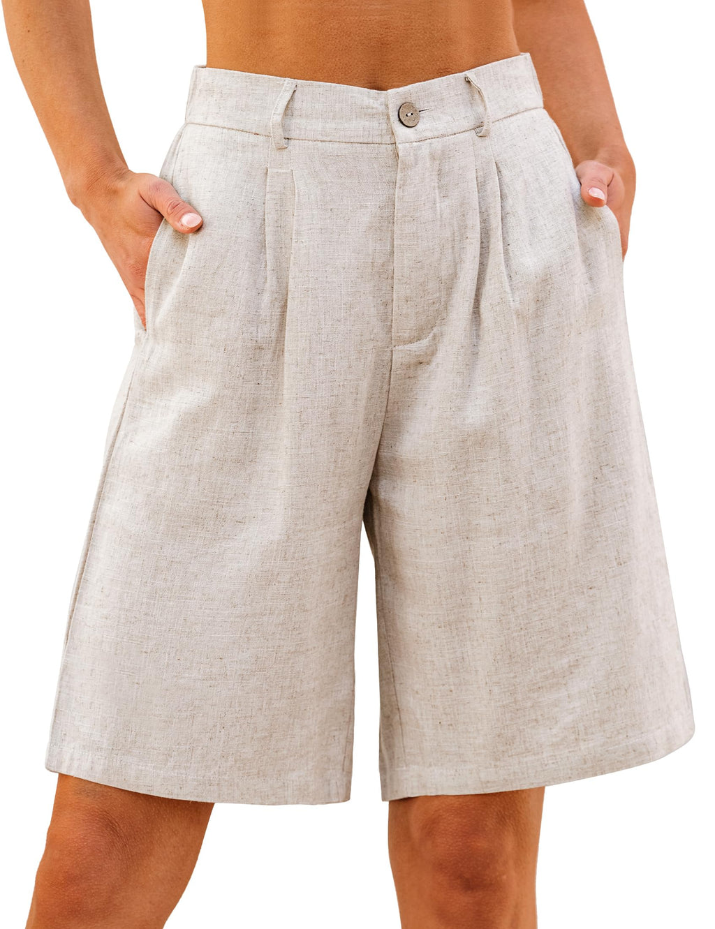 luvamia Bermuda Shorts for Women High Waisted Linen Dressy Casual Pleated Wide Leg Summer Shorts with Elastic Waist