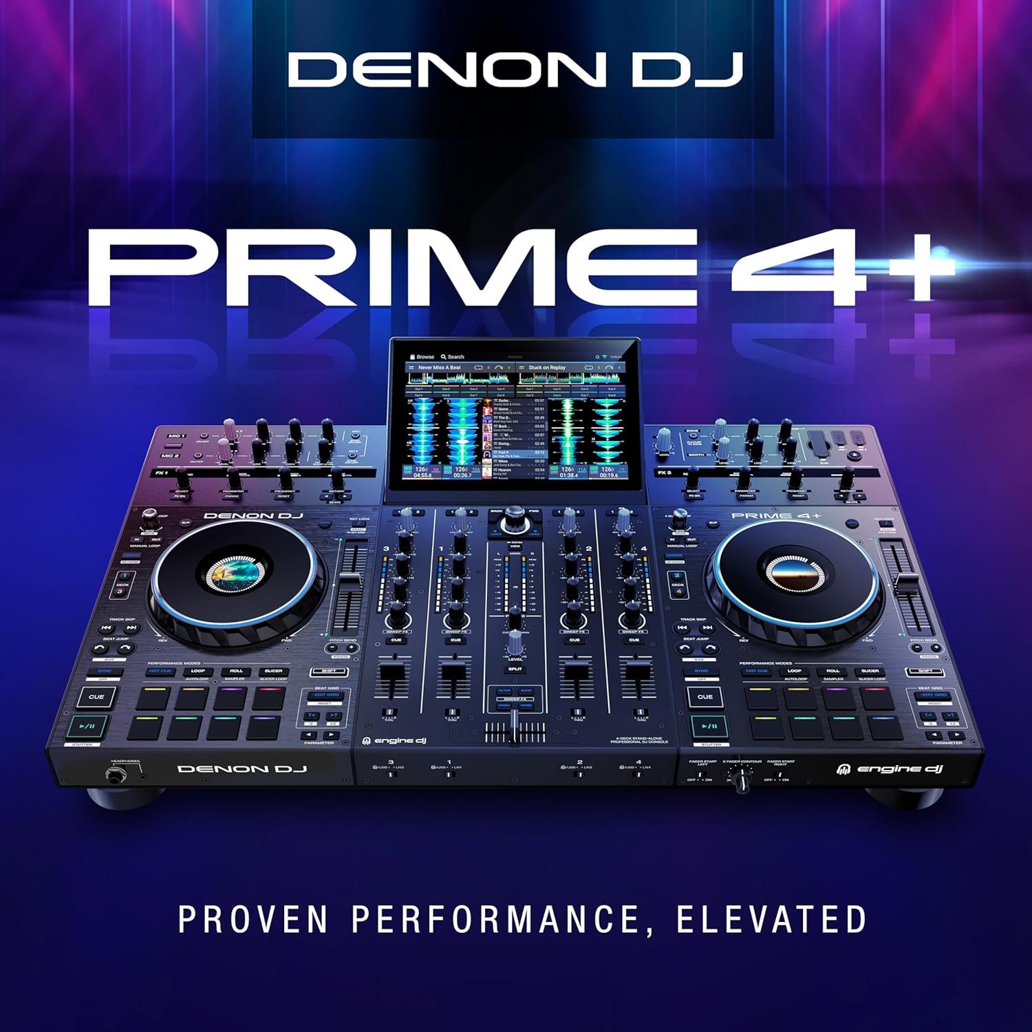 Denon DJ PRIME 4+ Standalone DJ Controller with Stem Separation on 4 Decks, Wi-Fi Streaming, Drop Sampler Mixer, 10.1" Touchscreen, Light Control