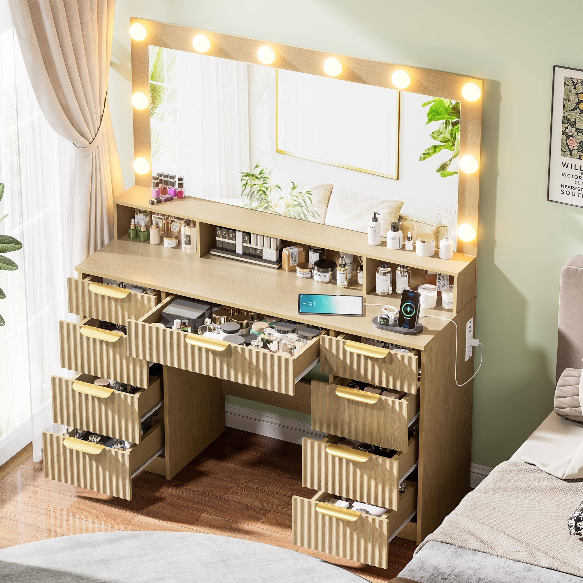 Vanity Desk with Lighted Mirror, Black Vanity with 4 Drawers,Makeup Vanity with Storage Shelves and Power Outlet,10 Lights with 3 Color Modes Brightness Adjustable for Girls’ Bedroom (Black)