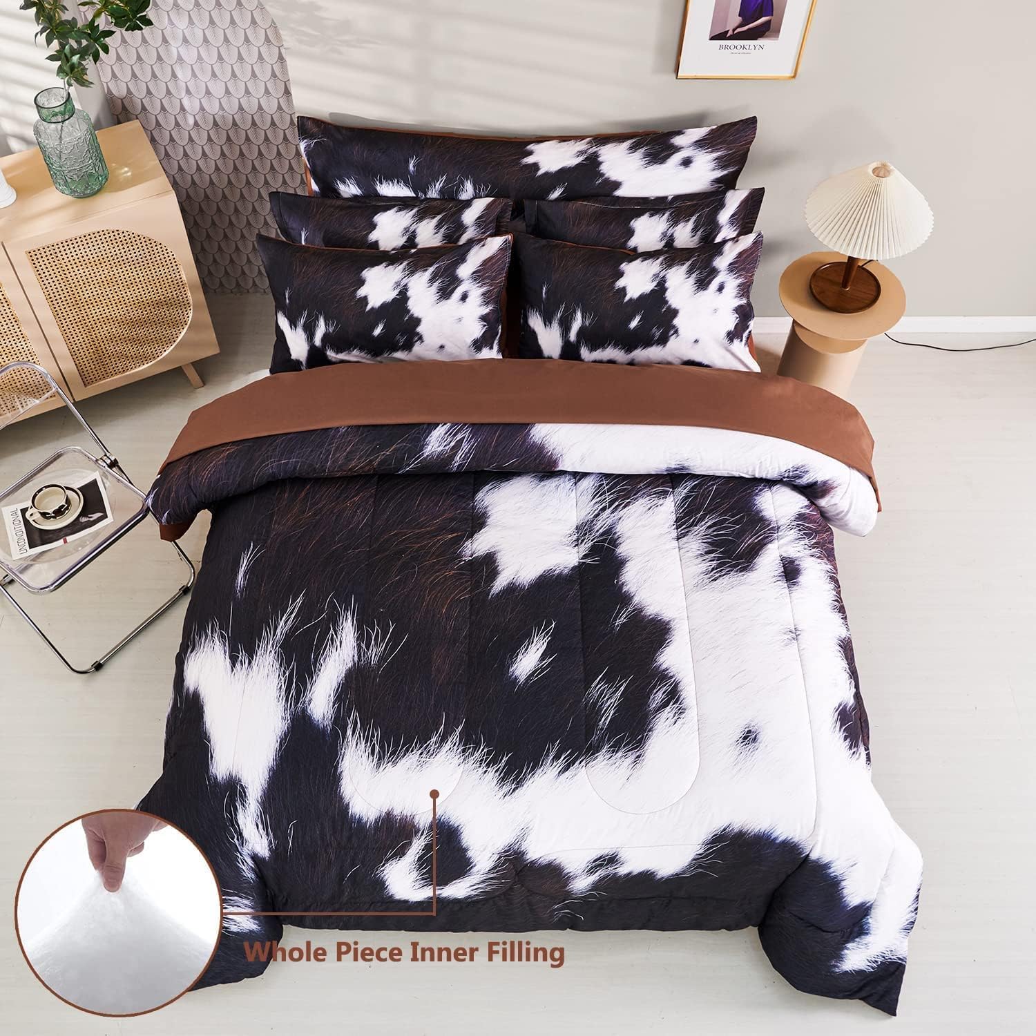 SUCSES Full Size Comforter Set with Sheets 8 Piece Cow Print Bedding Set for Boys Girls Black and White Kids Bed-in-A-Bag Farmhouse Rustic Bed Set for Bedroom (Milk Cow, Full)