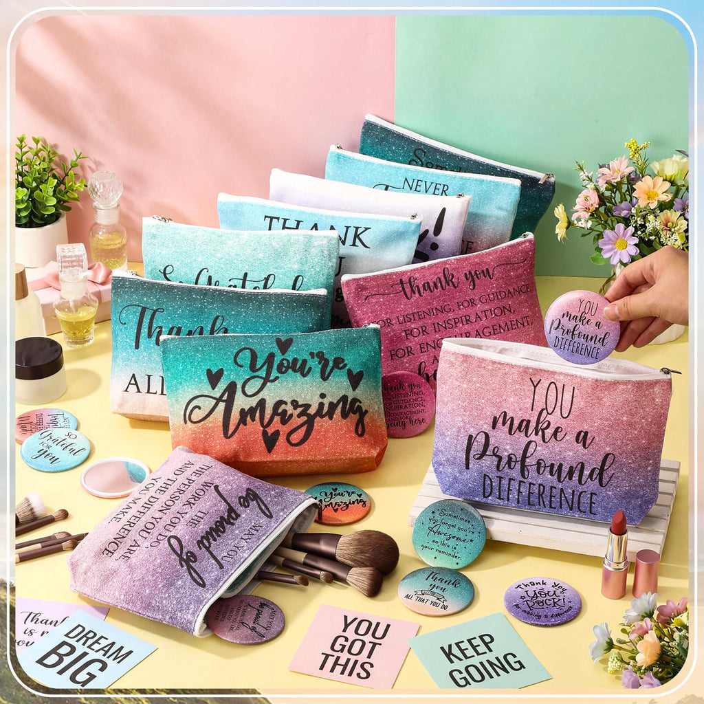 Vercraft 20 Pcs Employee Appreciation Gift for Women Inspirational Canvas Makeup Bag Portable Compact Mirror Bulk Cosmetic Bag Thank You Party Favor for Women Coworker Nurse (Bohemian,Boho)