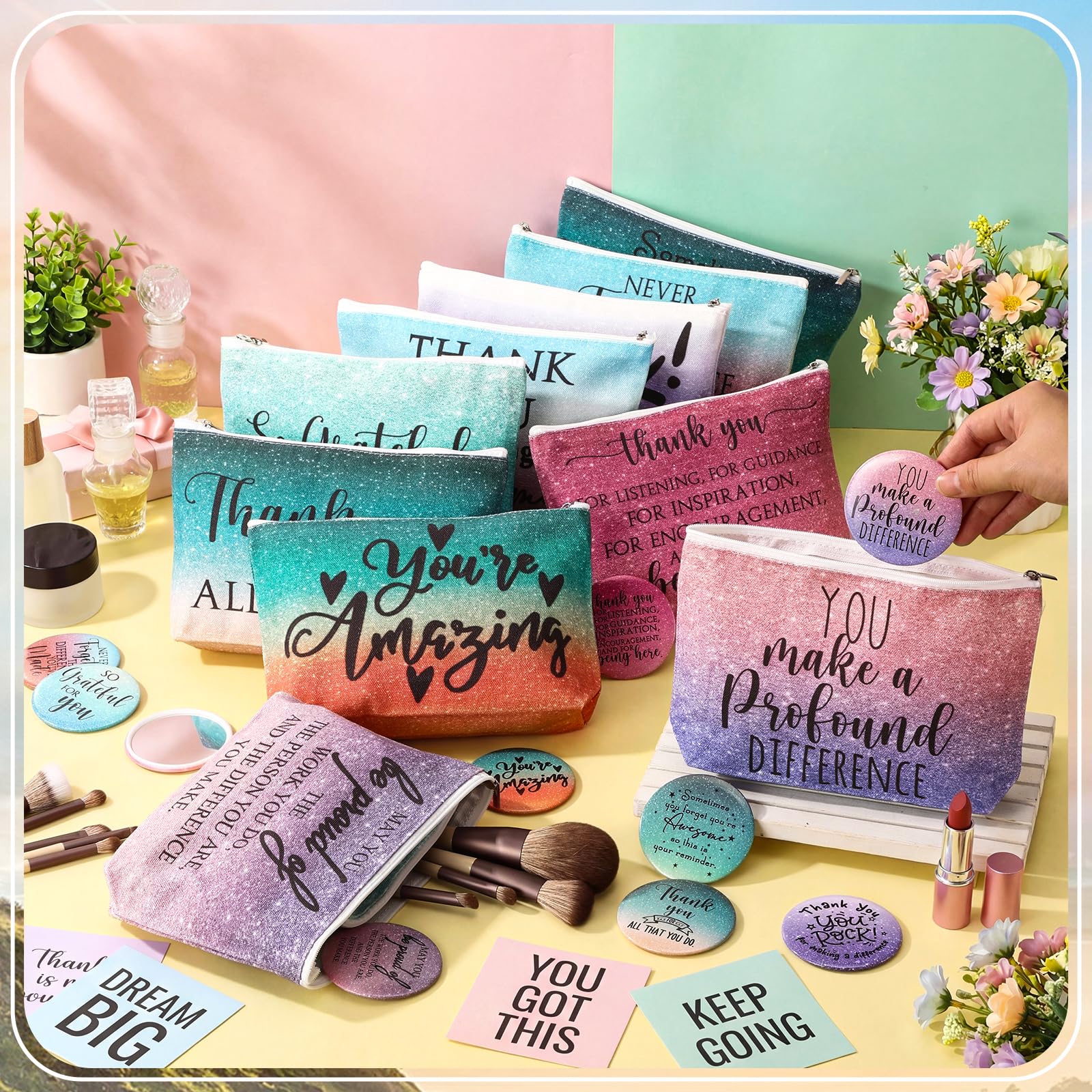 Vercraft 20 Pcs Employee Appreciation Gift for Women Inspirational Canvas Makeup Bag Portable Compact Mirror Bulk Cosmetic Bag Thank You Party Favor for Women Coworker Nurse (Bohemian,Boho)