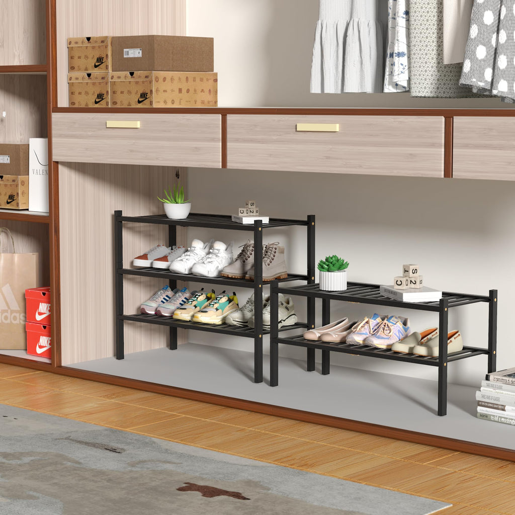 ROMGUAR CRAFT 2-Tier Bamboo Long Shoe Rack, Free Standing Wood Shoe Shelf Storage Organizer for Closet Entryway Stackable 35"x11"x13" (Black)