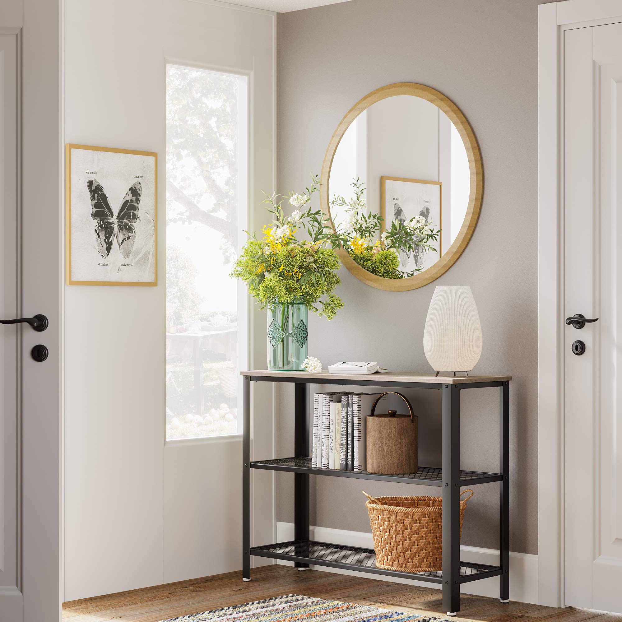 VASAGLE 40" Industrial Console Table, 3 Tier Entryway Table with Storage Shelf, Narrow Sofa Table for Living Room, Hallway, Entrance Hall, Corridor, Bedroom, Greige and Black ULNT081B02