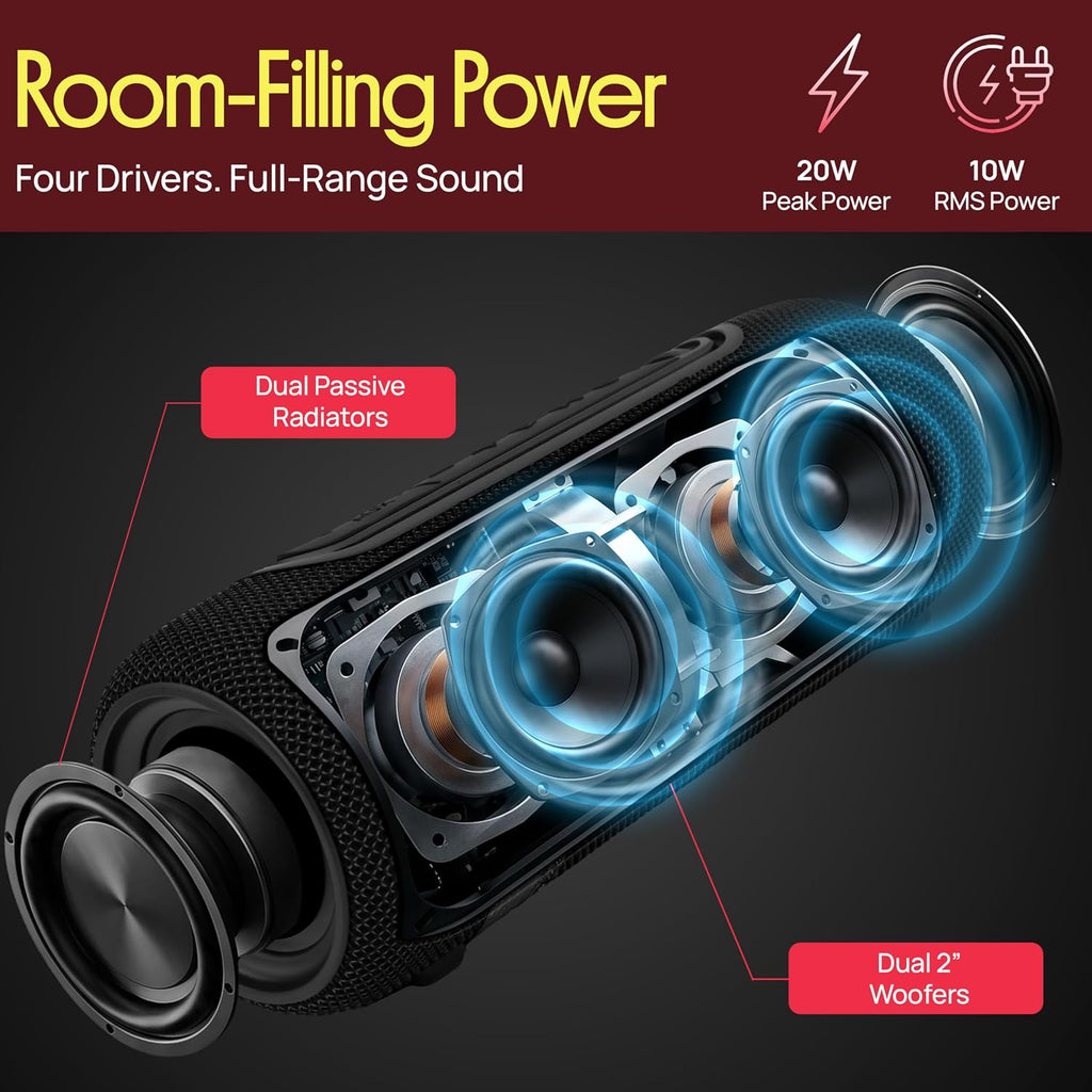 Pyle Portable Bluetooth Speaker - IPX5 Waterproof, Multi-Color LED, TWS Stereo Pairing, USB/AUX/FM, 20W Peak Power, 5H Battery, Built-In Mic, Shockproof ABS Design - Outdoor, Travel, Home - PBTPSP20BK