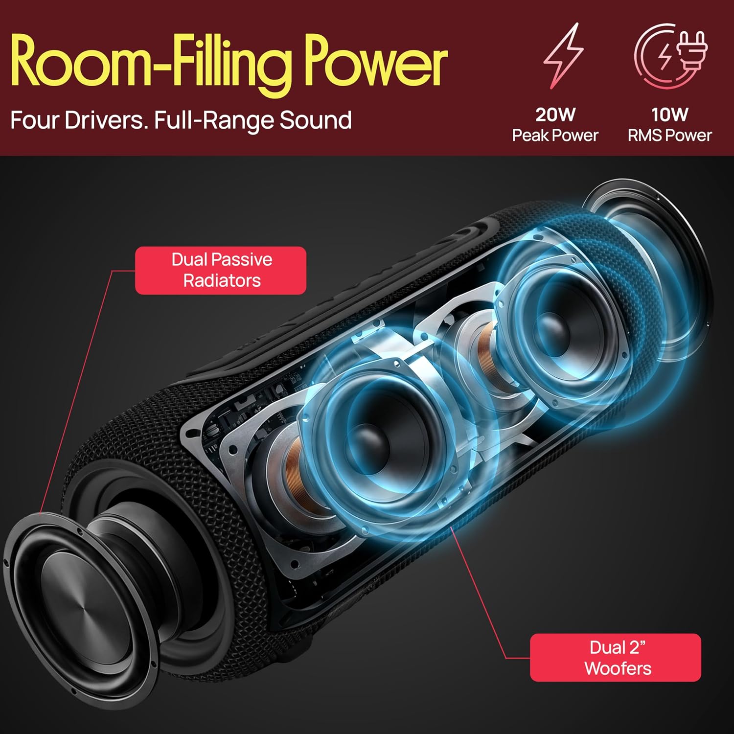 Pyle Portable Bluetooth Speaker - IPX5 Waterproof, Multi-Color LED, TWS Stereo Pairing, USB/AUX/FM, 20W Peak Power, 5H Battery, Built-In Mic, Shockproof ABS Design - Outdoor, Travel, Home - PBTPSP20BK